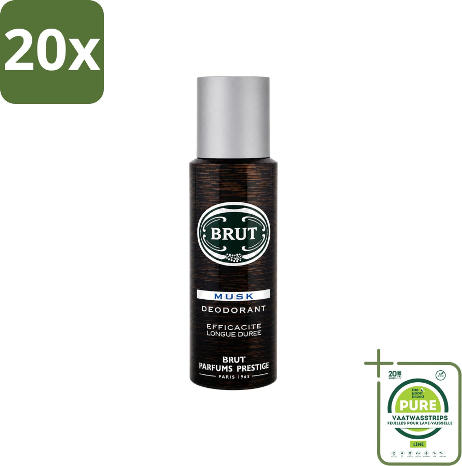 20 x Brut - Deodorant - Spray - Musk - Klassieke mannengeur - 200ml - Grootverpakking - Vaatwasstrips - Deodorant Spray - Muskus Geur - Mannelijke Geur - Lichaamsgeur Bescherming - Frisheid