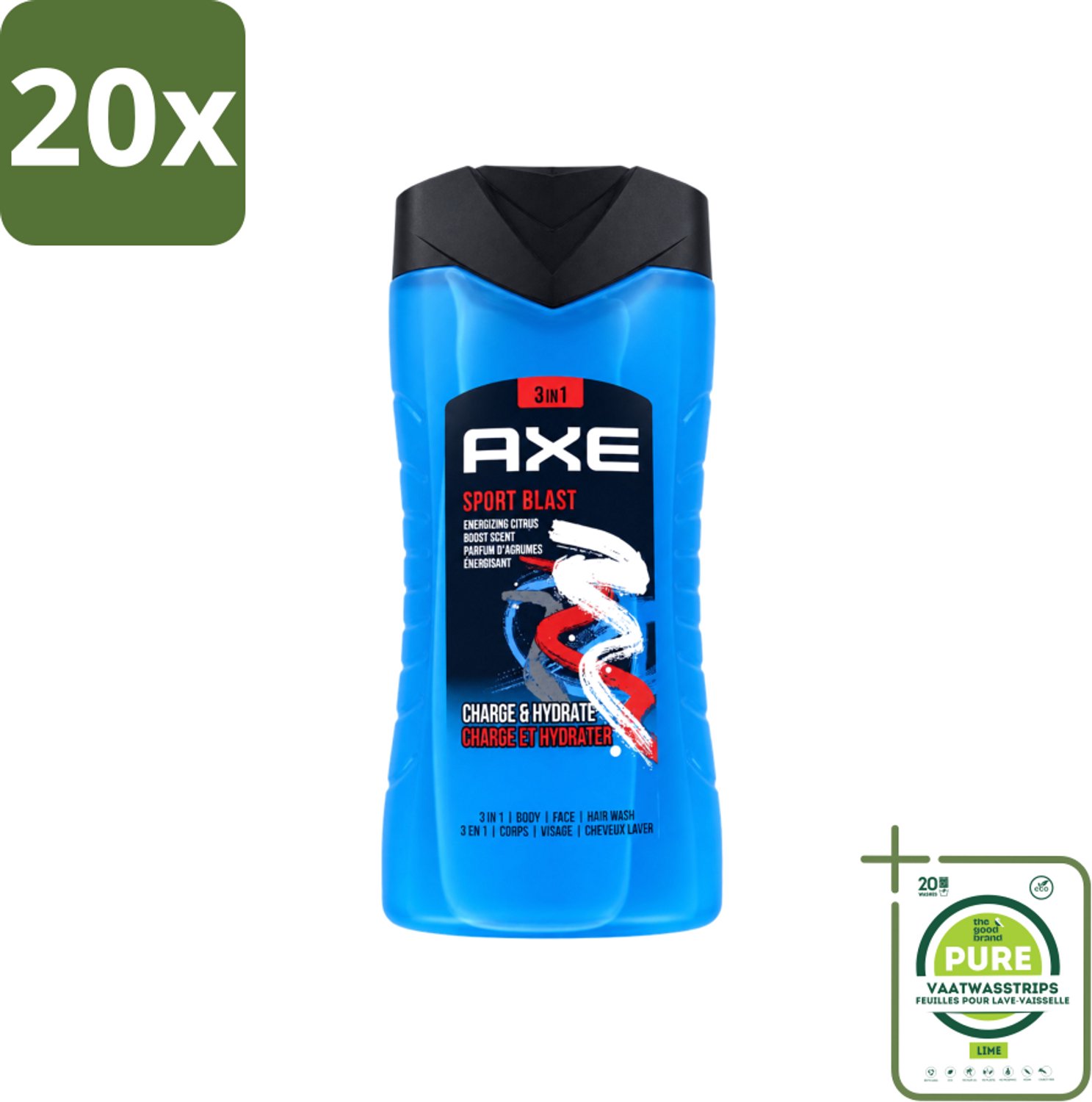 20 x Axe - 3-in-1 Douchegel - Sport Blast - Energizing Citrus - Hydraterend - 250 ml - Grootverpakking - Vaatwasstrips - Douchegel Sport - Hydraterende Douchegel - Frisse Geur Douchegel - Douchegel Na Training - Sport Douchegel