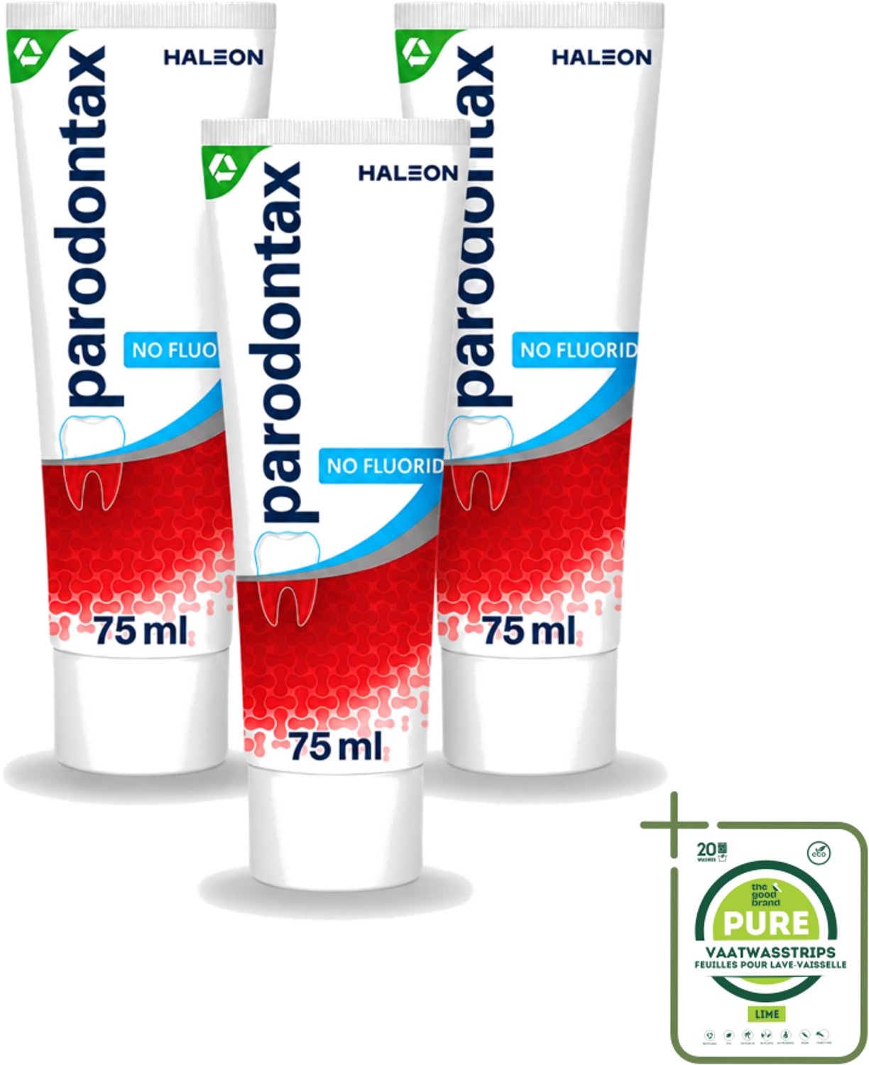 3 x Parodontax - Tandpasta - Fluoride Vrij - 75ml - Grootverpakking - Vaatwasstrips - Tandpasta Fluoride Vrij - Mondgezondheid - Tandvleesbescherming - Tandplak - Bloedend Tandvlees