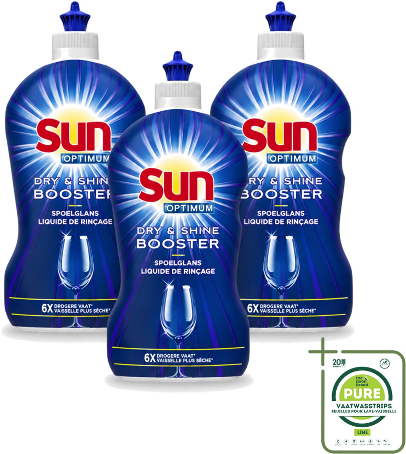 3 x Sun - Shine & Dry Booster - Spoelglans - 450 ml - Grootverpakking - Vaatwasstrips - Spoelglans - Vaatwasmachine - Snellere Droging - Glanzend Vaat - Streeploos Vaat