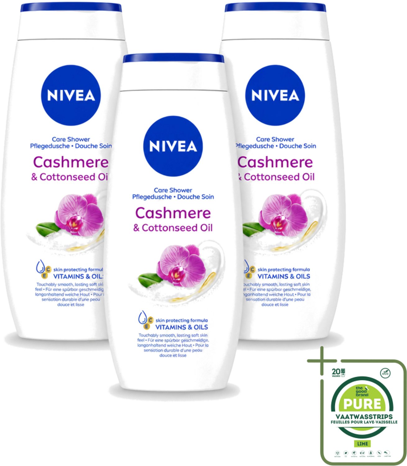 3 x Nivea - Douche Cashmere Moments - Beschermend - 250 ml - Grootverpakking - Vaatwasstrips - Douchegel Cashmere - Beschermende Douchegel - Gezonde Huid - Hydraterende Douchegel - Cashmere Geur