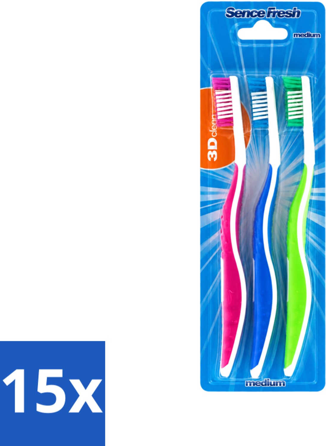 15 x Sence - Fresh 3D-Extra Clean - Tandenborstels - Medium - 3 Tandenborstels - Voordeelverpakking - 15 stuks