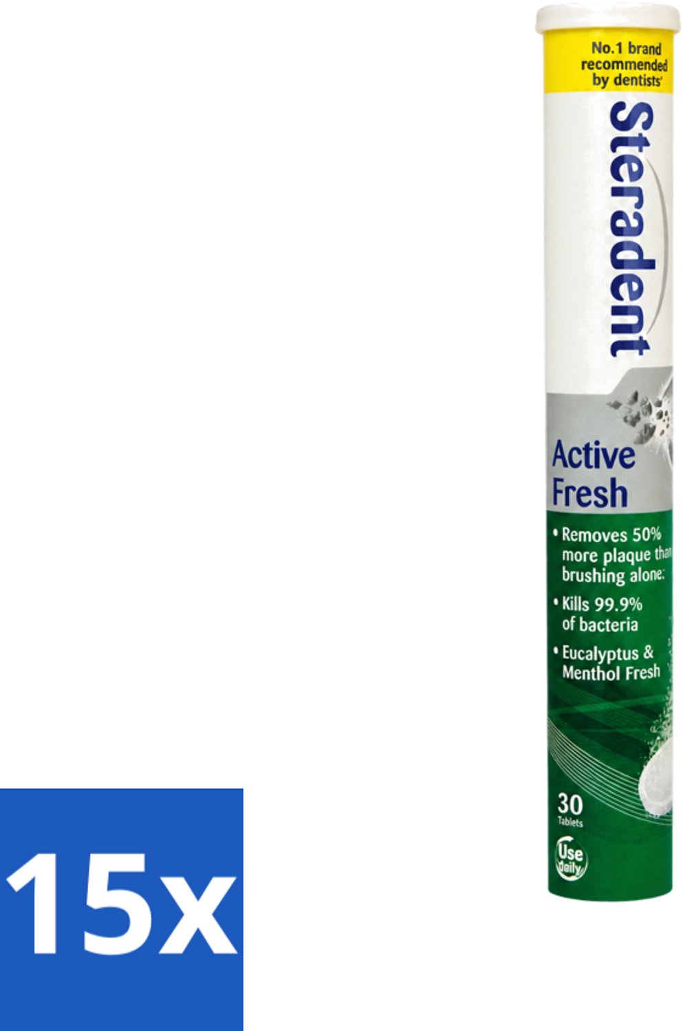 15 x Steradent - Reinigingstabletten - Active Fresh - Voor Kunstgebitten - 30 Tabletten - Voordeelverpakking - 15 stuks