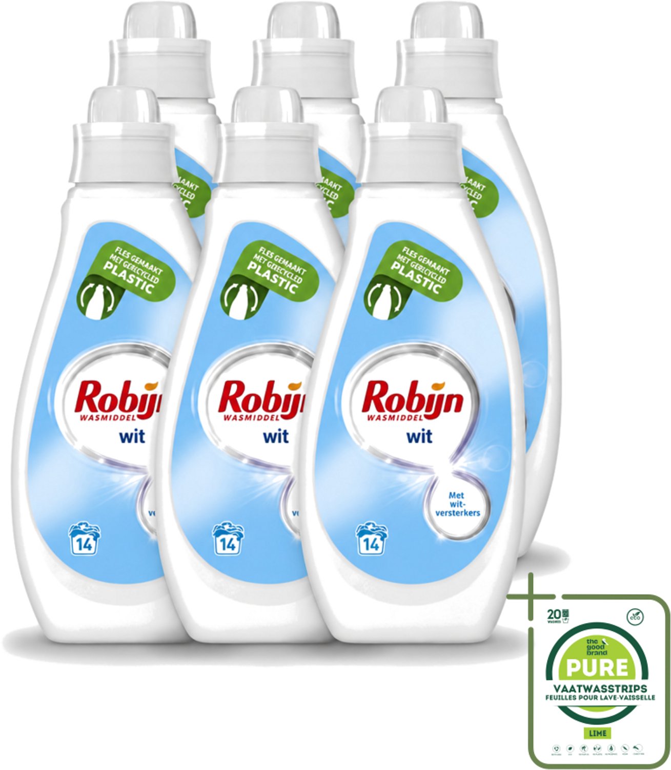 6 x Robijn - Wit - Vloeibaar Wasmiddel - Met Witversterkers - 14 Wasbeurten - 700 ml - Grootverpakking - Vaatwasstrips - Wit Wasmiddel - Stralend Wit - Wasverzachter - Frisse Geur - Witversterker