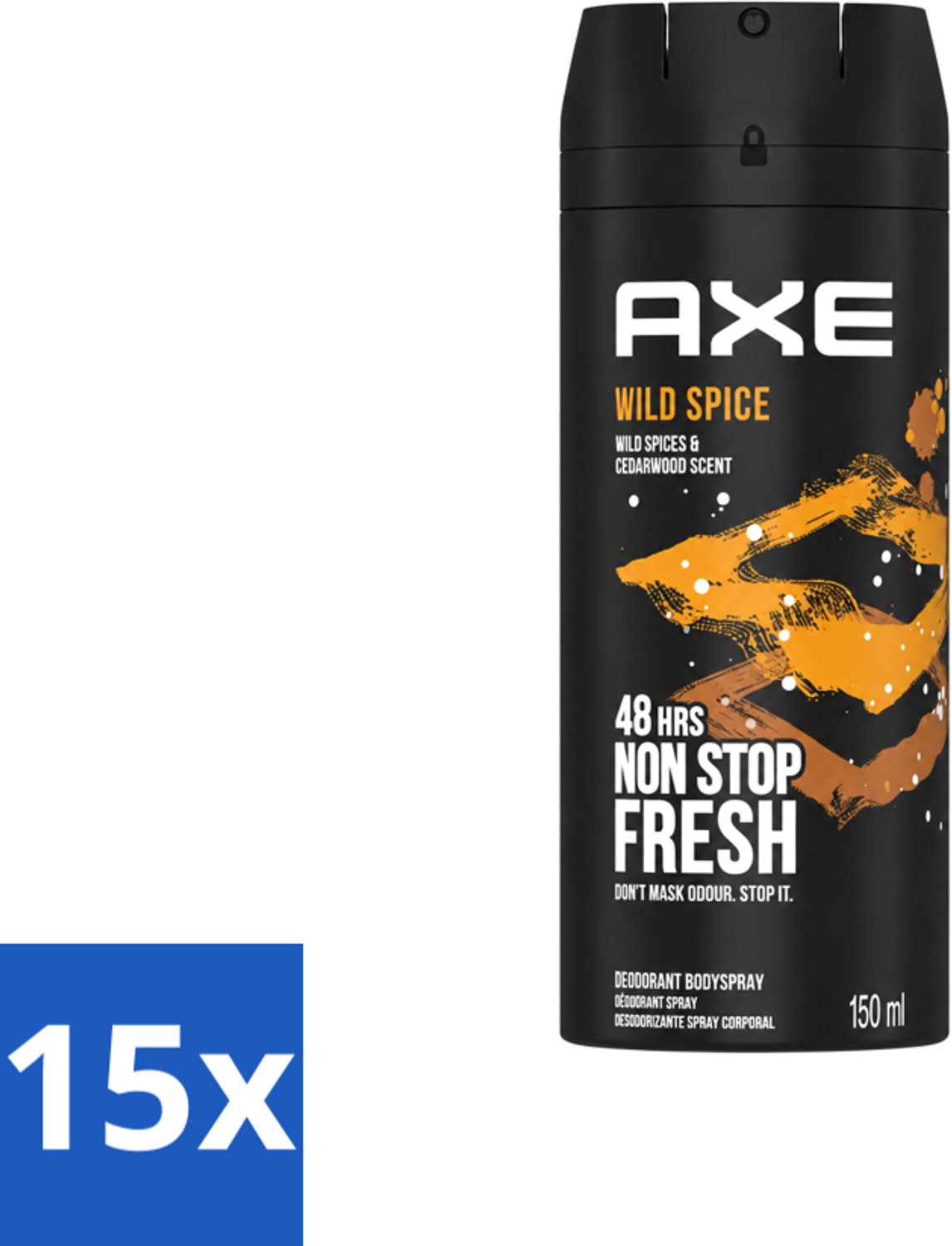 15 x Axe - Deodorant Bodyspray - 48hrs Non Stop Fresh - Wild Spice - Wild Spices & Cedarwood - 150 ml - Voordeelverpakking - 15 stuks