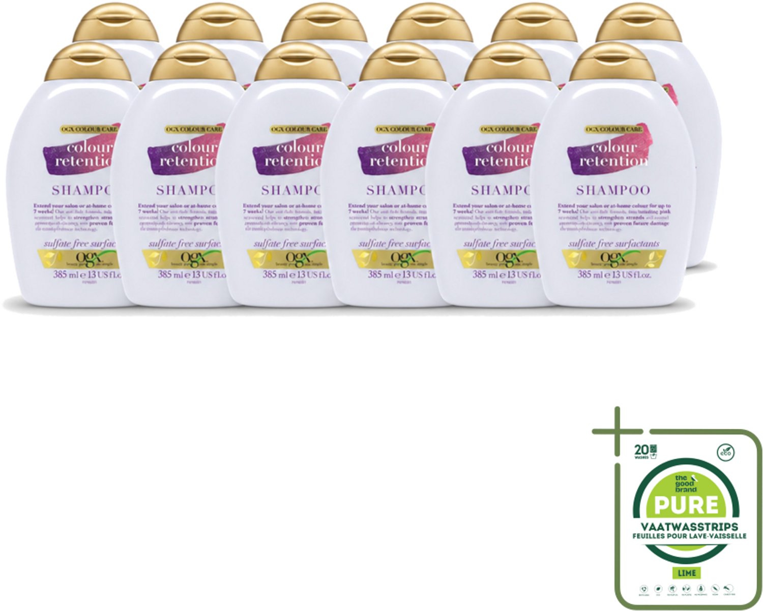 12 x OGX - Colour Retention - Shampoo - Voor Gekleurd Haar - 385 ml - Grootverpakking - Vaatwasstrips - Kleurbehoud Haar - Haarkleur Behouden - Haarkleur Stralen - Haarkleur Beschermen - Haarkleur Verliezen