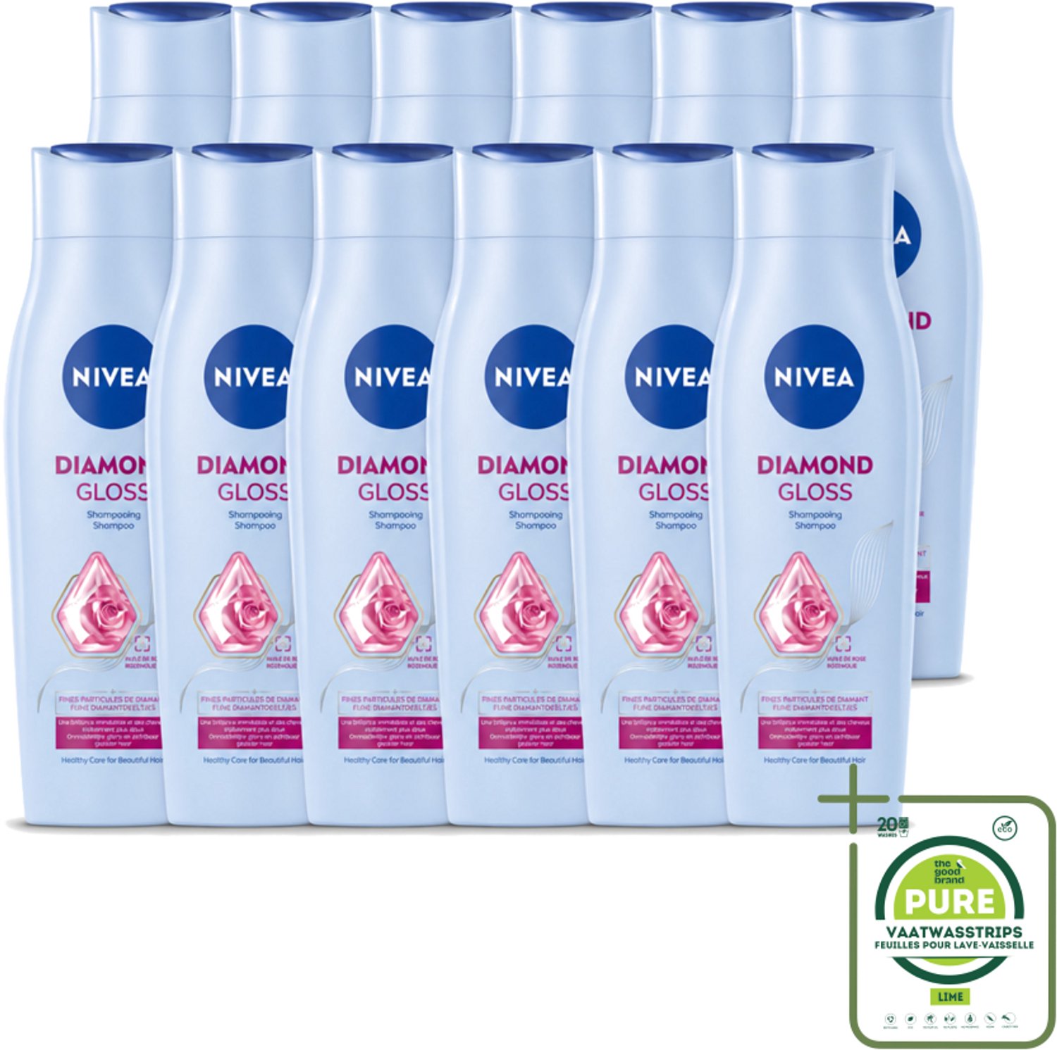 12 x Nivea - Shampoo - Diamond Gloss - 250 ml - Grootverpakking - Vaatwasstrips - Diamanten Glans - Haar Verzorging - Haar Glans - Haar Verzorging - Haar Sterkte
