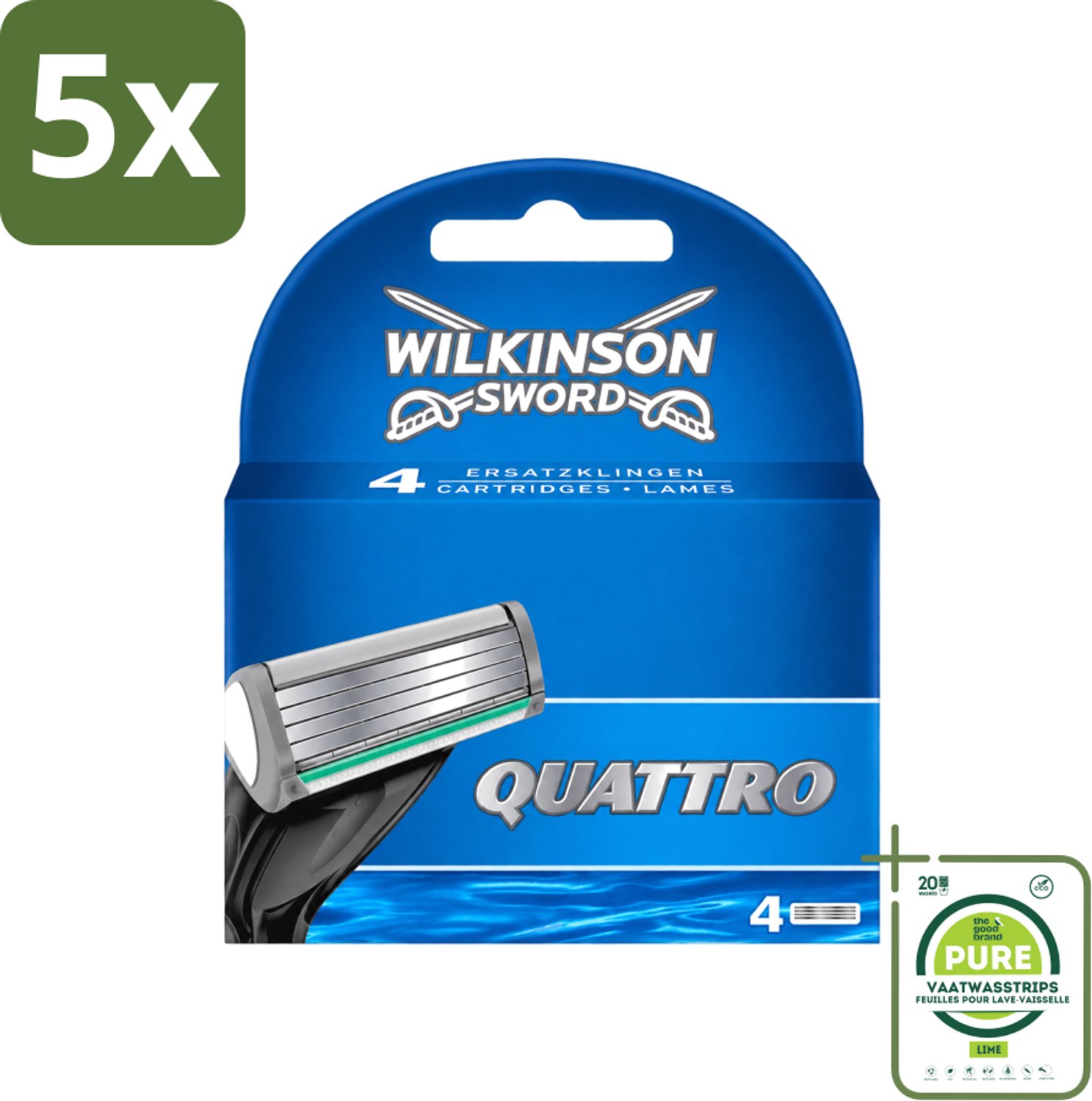 5 x Wilkinson - Navulmesjes Quattro - Met Precisietrimmer - 4 scheermesjes - Grootverpakking - Vaatwasstrips - Scheermesjes - Navulmesjes - Precisietrimmer - Titaniumcoating - Huidvriendelijk