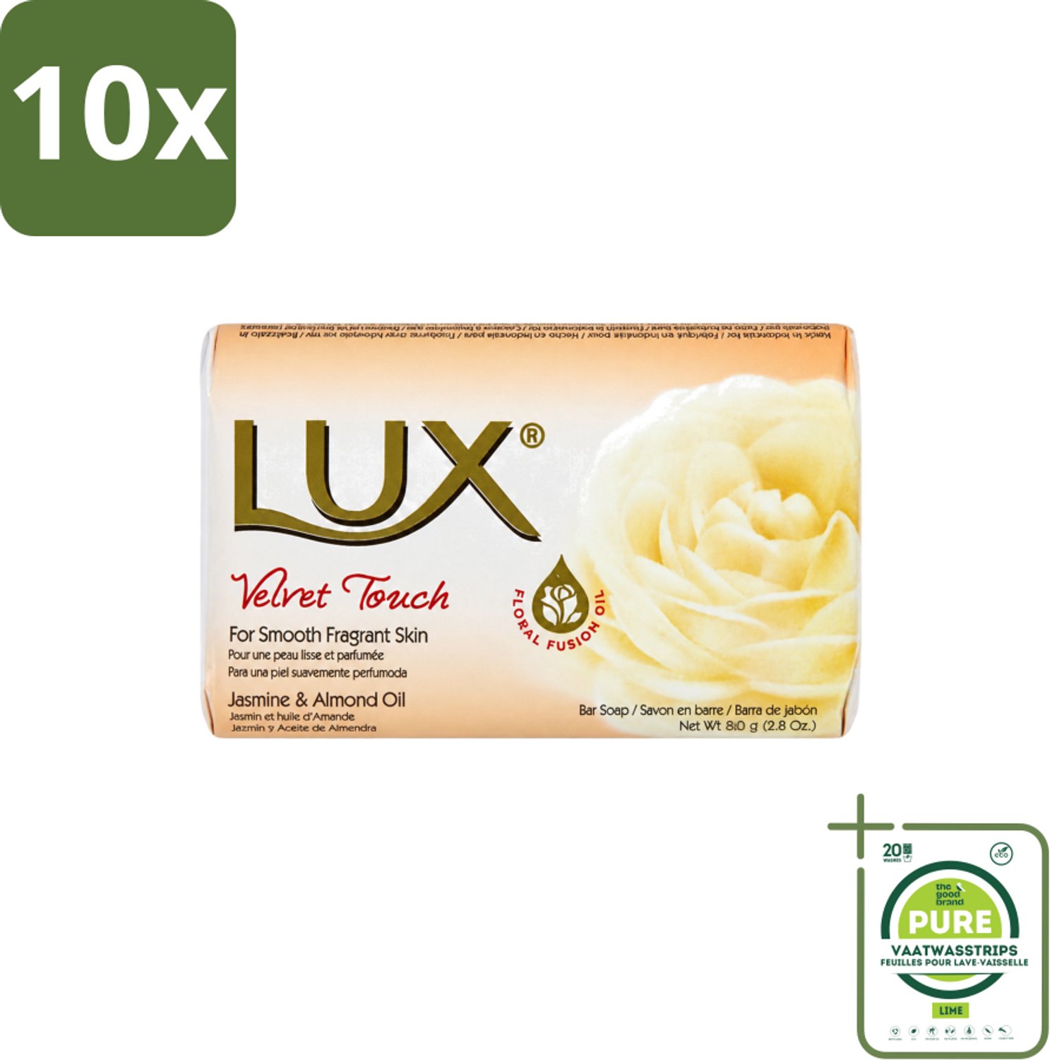 10 x Lux - Zeep - Velvet Touch - Hydraterend - Voor Geurige Huid - 80 g - Grootverpakking - Vaatwasstrips - Luxueuze Zeep - Zijdezachte Zeep - Hydraterende Zeep - Geurende Zeep - Huidverzorging