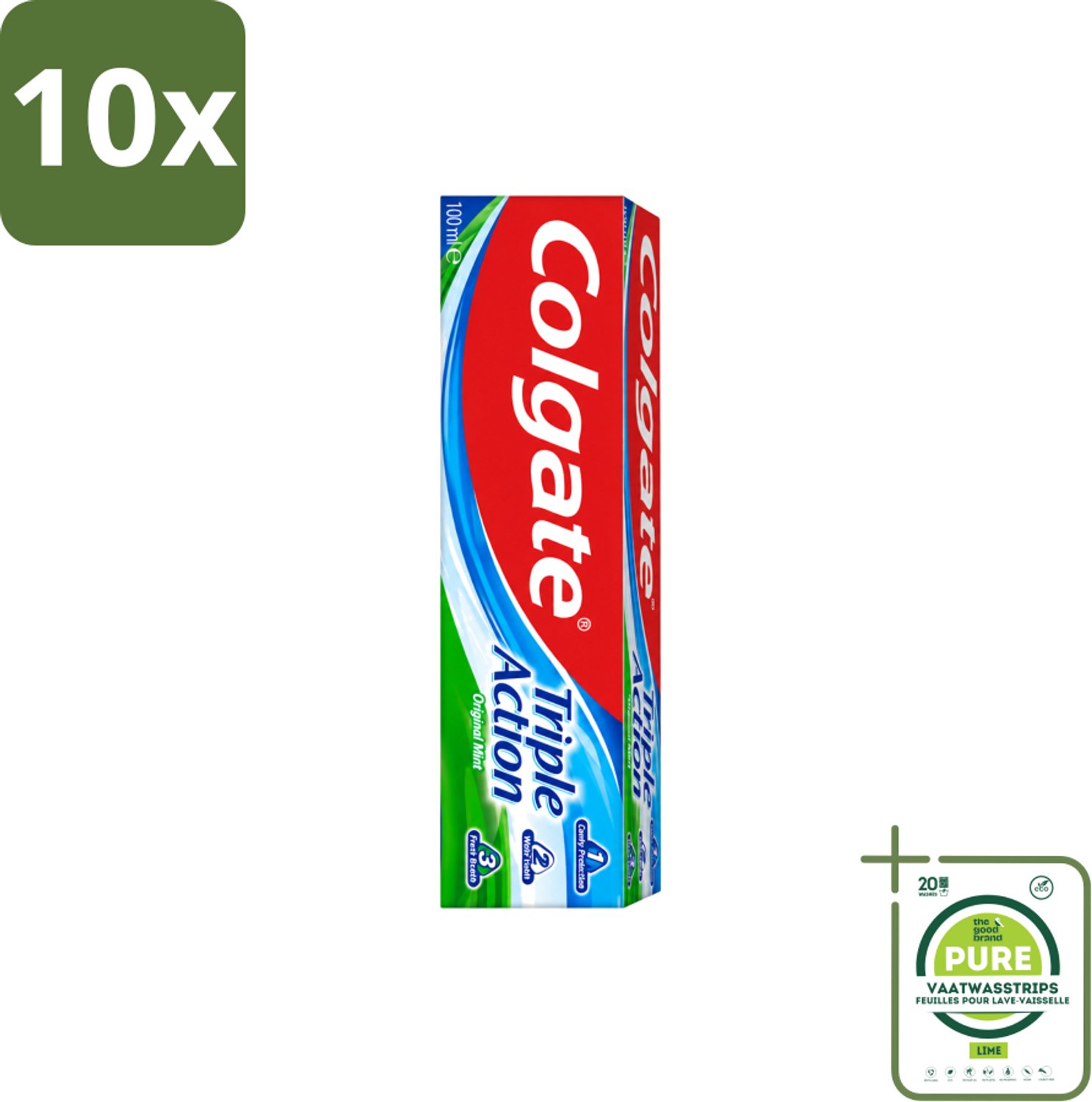 10 x Colgate - Triple Action - Original Mint - Tandpasta - 100ml - Grootverpakking - Vaatwasstrips - Tandpasta - Gaatjesbescherming - Wittere Tanden - Frisse Adem - Mondverzorging