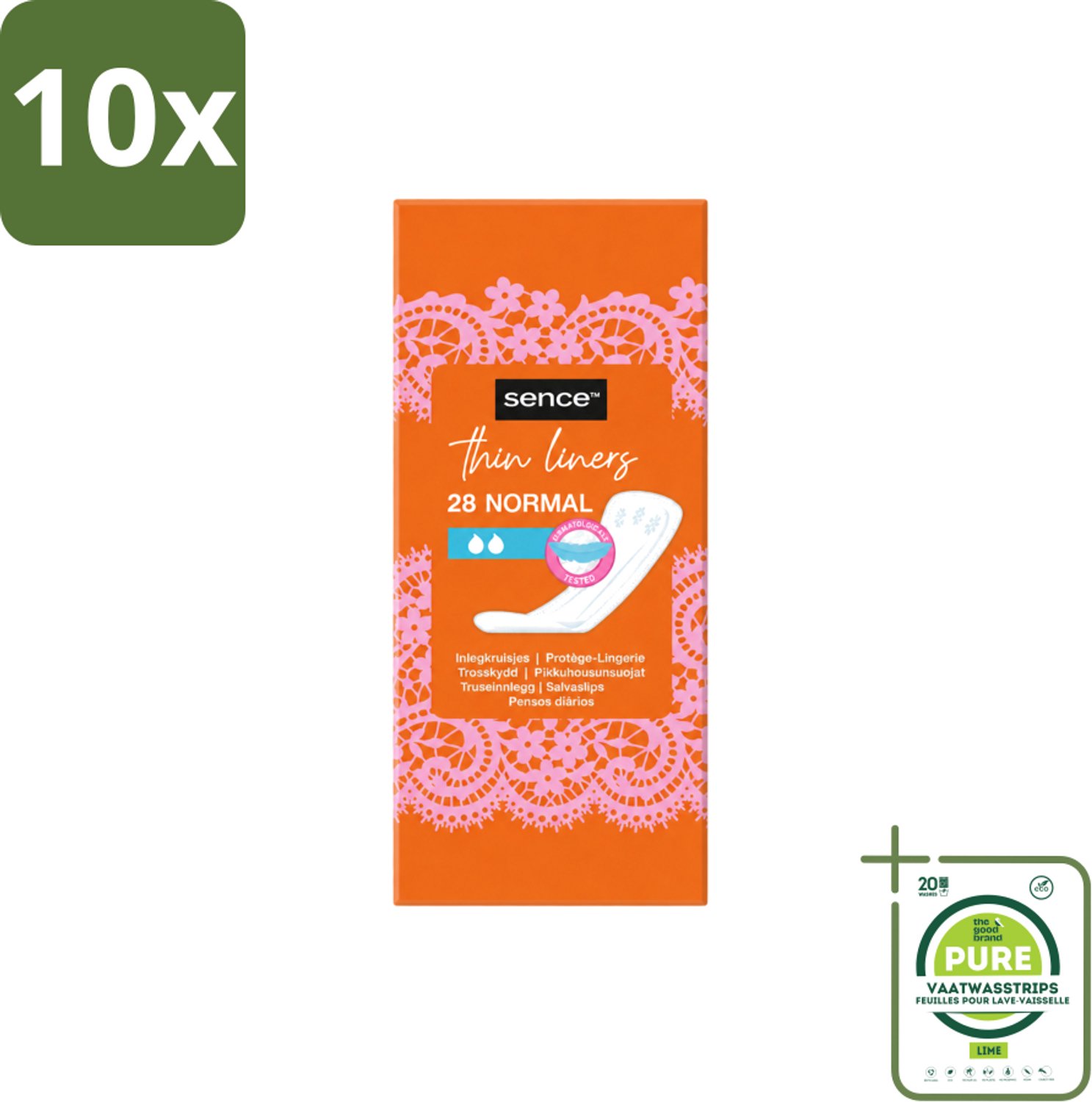 10 x Sence - Normaal - Inlegkruisjes - Dagelijks Comfort - 28 Inlegkruisjes - Grootverpakking - Vaatwasstrips - Inlegkruisjes - Dagelijks Comfort - Hygiëne - Afscheiding - Menstruatie