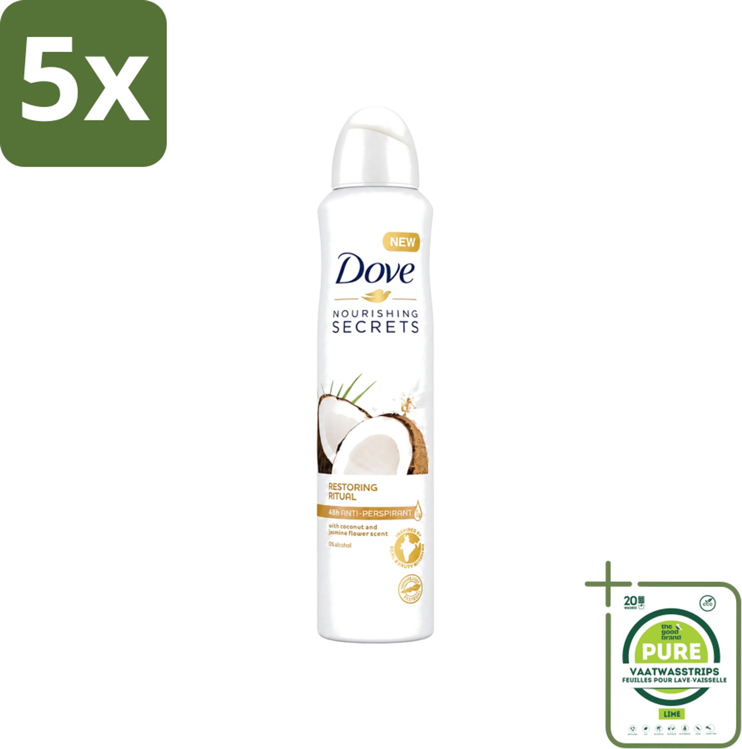 5 x Dove - Deodorant - Coconut & Jasmine Flower - Tropisch en verzorgend - 250 ml - Grootverpakking - Vaatwasstrips - Deodorant Spray - Kokos En Jasmijn - Zachte Oksels - Anti-transpirant Spray - Fris Gevoel