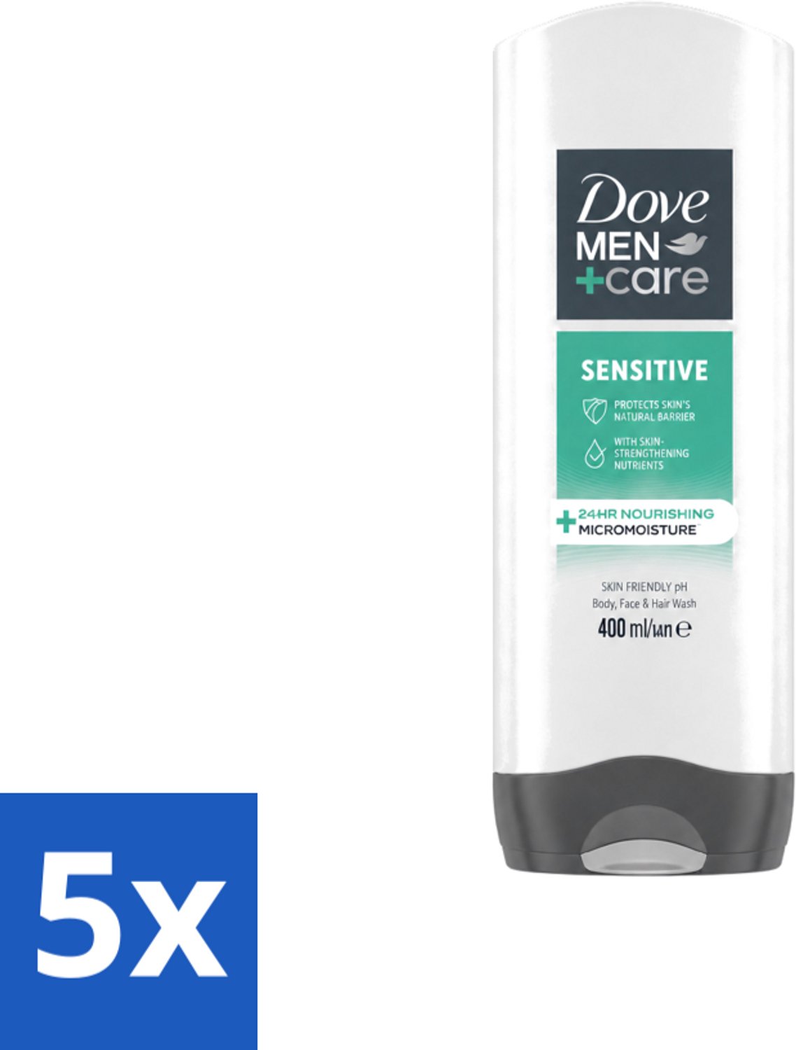 5 x Dove - Shower Gel - 3-in-1 - Men Care Sensitive - Verfrissend en zacht - 400 ml - Voordeelverpakking - 5 stuks