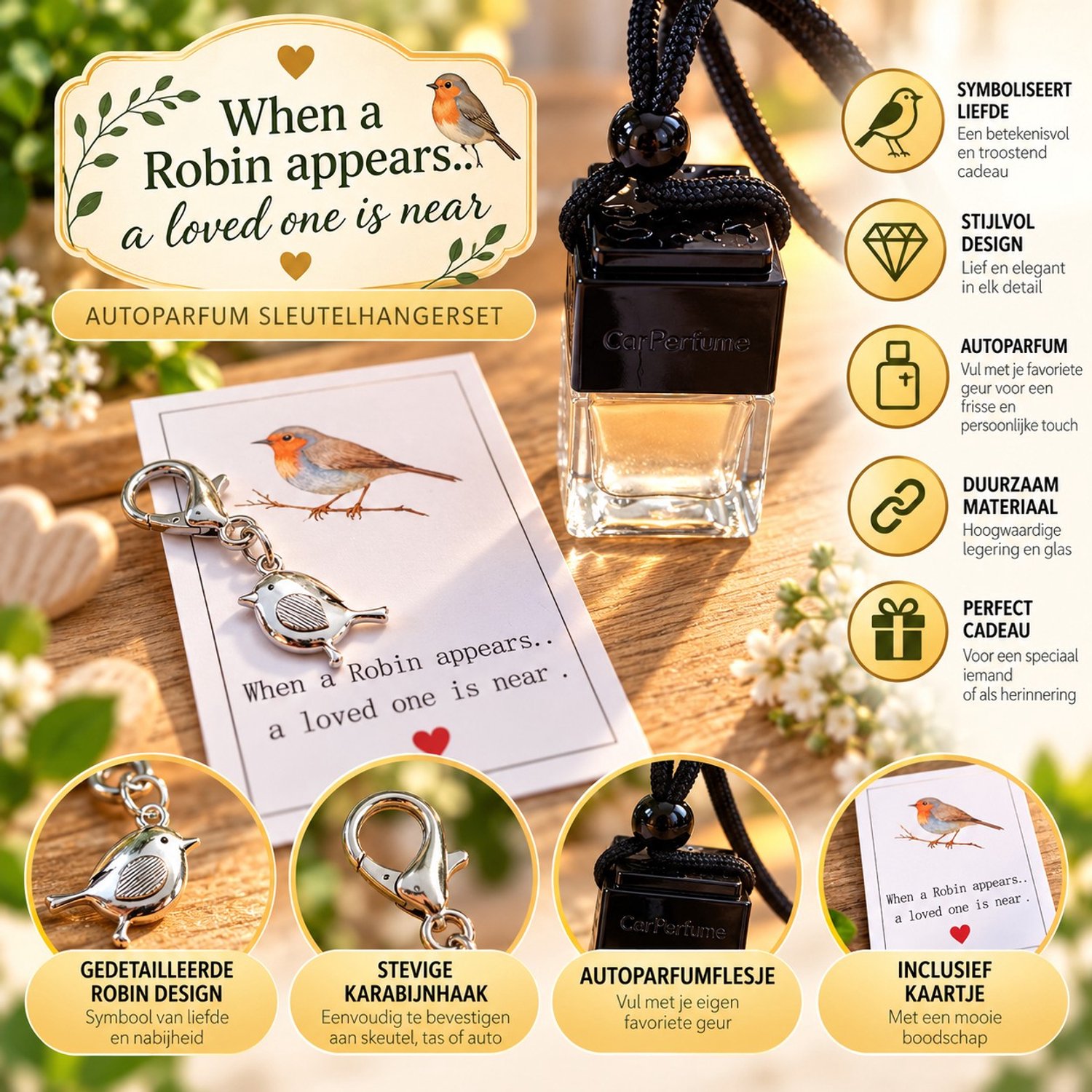 Autoparfum BIRDIE - Roodborstje Pockethug - met Geluksbrenger - Pocket Hug - Auto Parfum - Nights - 8ml - Traditional Ritual Overseas - Auto parfum - car parfum - Autoverfrisser - Autogeur - luchtverfrisser - Cadeau - auto parfum - klein cadeautje