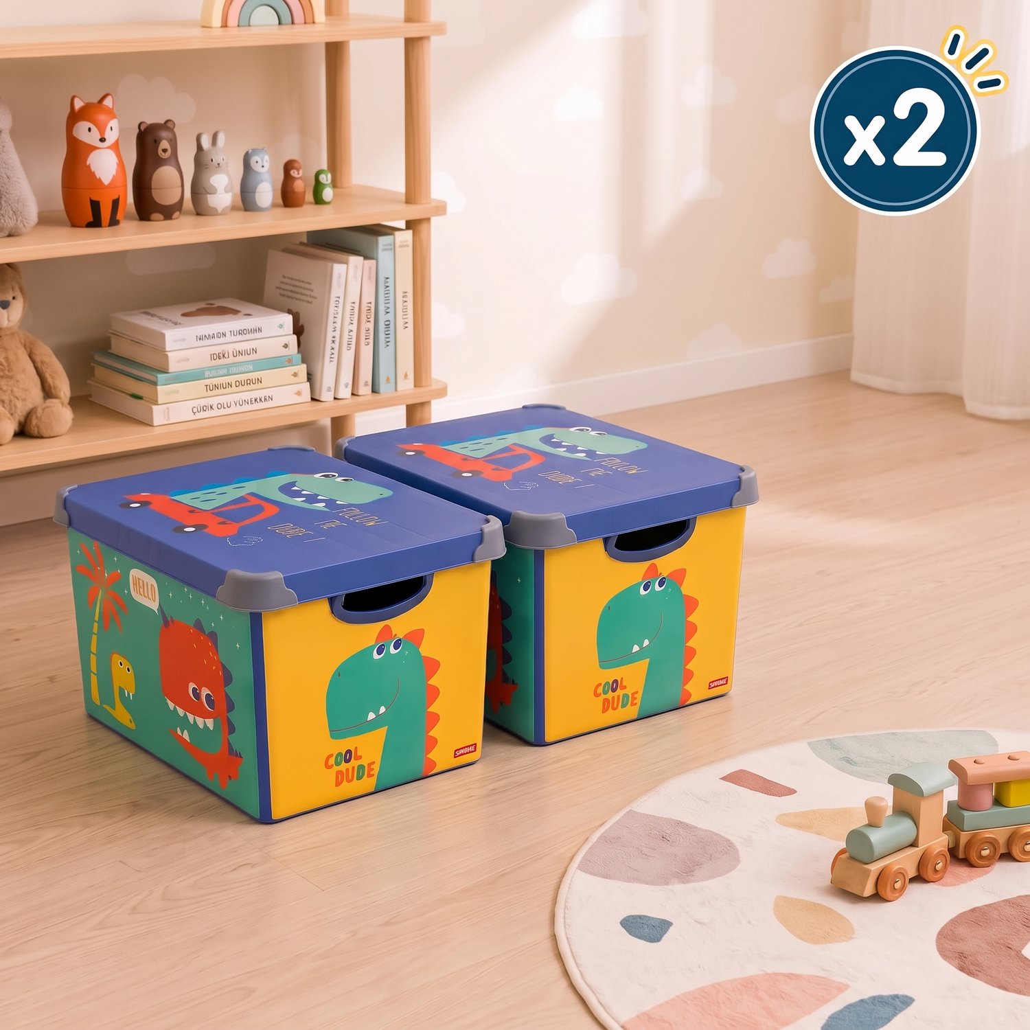 INDECOR Speelgoedbox 17 Liter Set van 2 met Deksel – Dinosaurusmotief – BPA vrije Stapelbare Opbergboxen met Handgrepen - Voor Speelgoed, Kleding en Accessoires