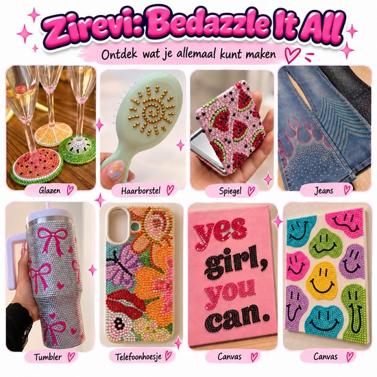 Verschillende met strass versierde objecten: glazen, haarborstel, spiegel, jeans, beker, telefoonhoesje en canvas.