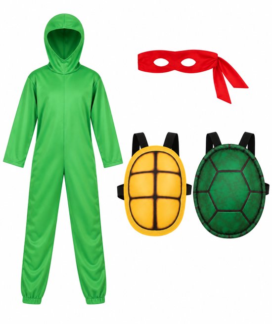 Groene jumpsuit met capuchon, rood oogmasker en twee verwisselbare schildpadden-rugschilden in geel en groen.