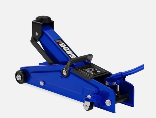 Blauwe 3-tons hydraulische krik in verhoogde stand met zwarte contactpunten.