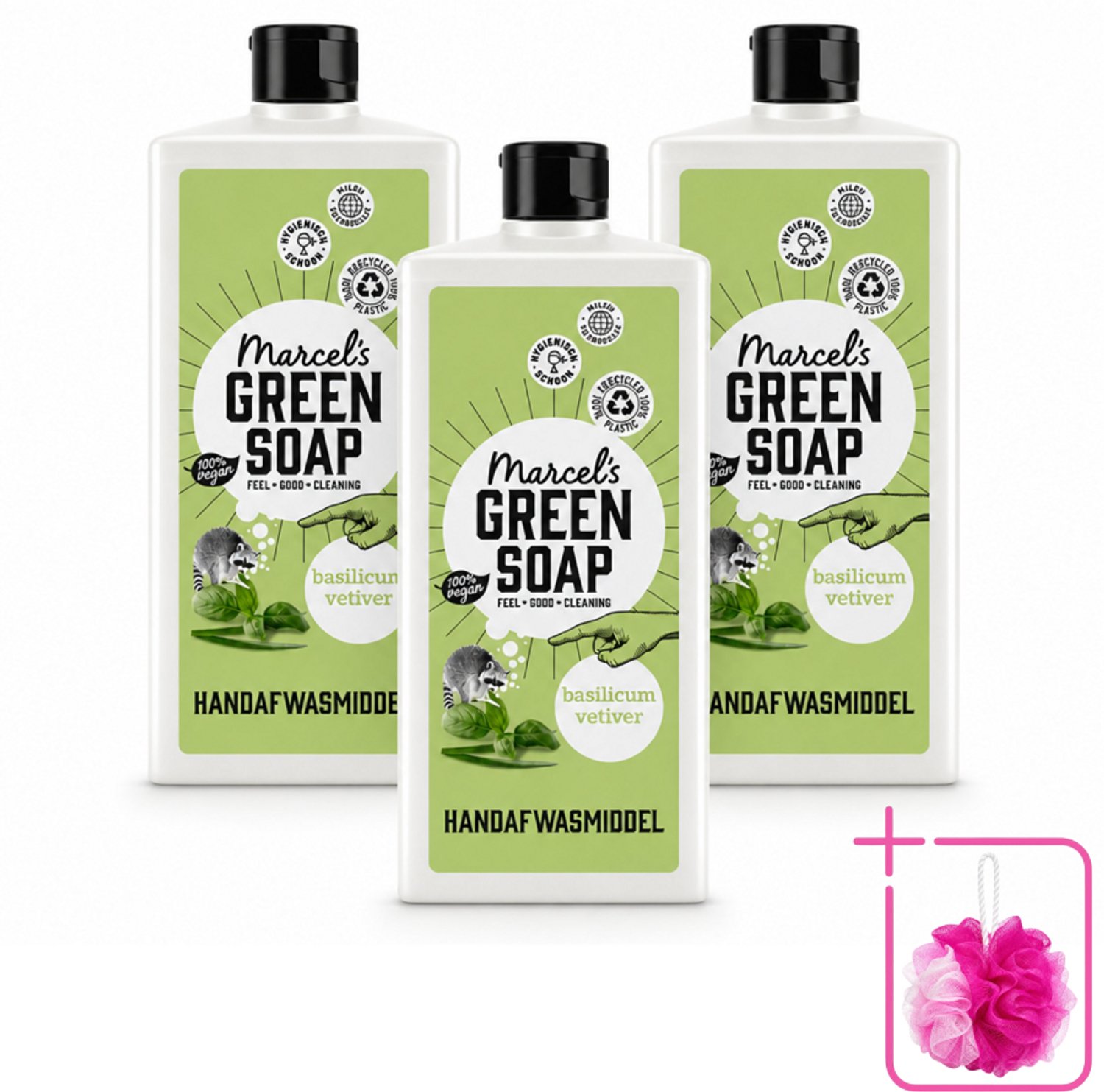 3 x Marcel's Green Soap - Afwasmiddel - Basilicum & Vetiver Gras - Plantaardig & duurzaam - 500 ml - Bulkverpakking - Afwasmiddel - Douchemop - Plantaardig afwasmiddel