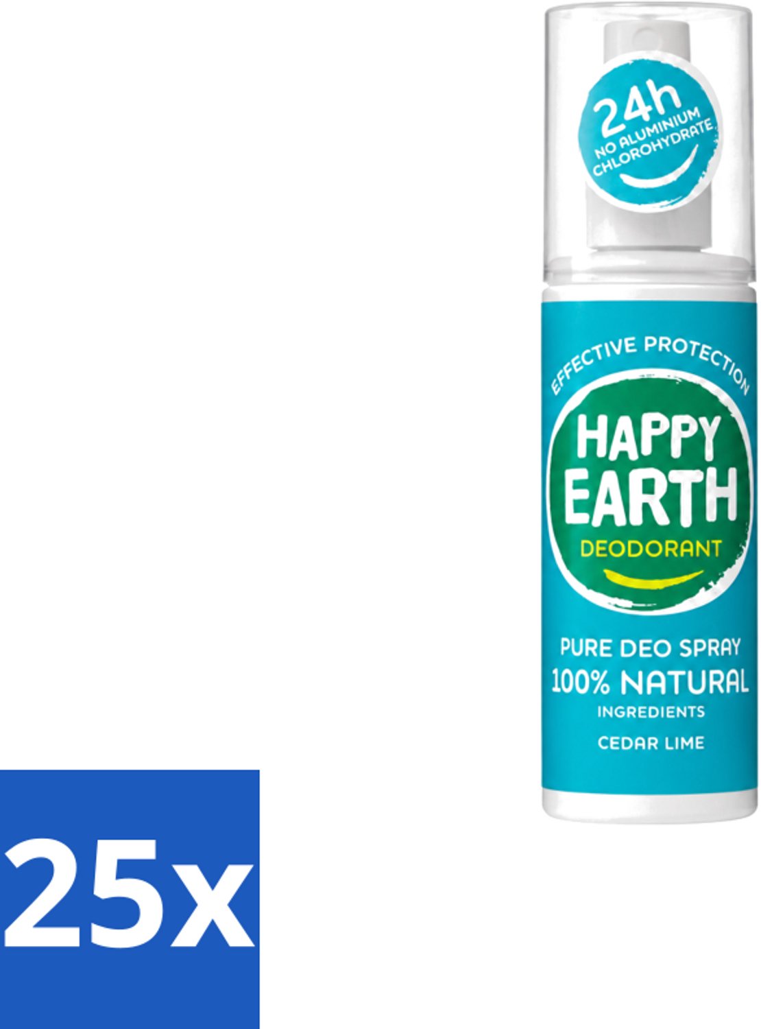 25 x Happy Earth – Deodorant Spray – 100% Natuurlijk Cedar Lime – 100 ml - Voordeelverpakking - 25 stuks