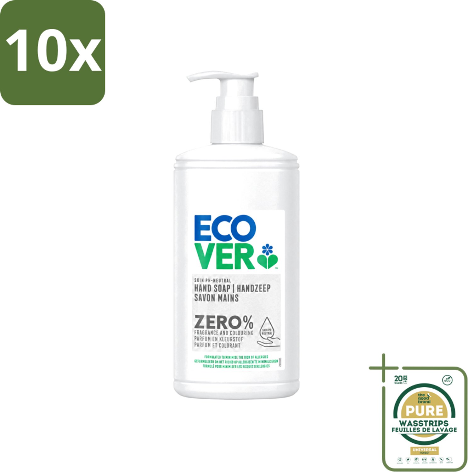 10 x Ecover - Handzeep ZERO - Parfumvrij - 250 ml - Wasstrips - Handzeep Zero - Parfumvrij Handzeep - Hypoallergene Handzeep - Gevoelige Huid - Eczeem Handzeep