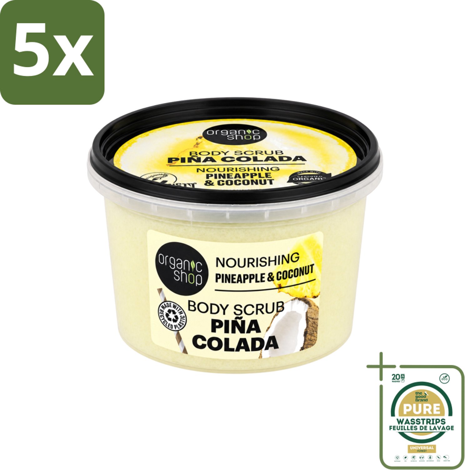 5 x Organic Shop - Body Scrub Pineapple & Coconut - Verfrissend en Voedend - 250 ml - Wasstrips - Bodyscrub - Exfoliatie - Huidverzorging - Suikerscrub - Tropische Geur