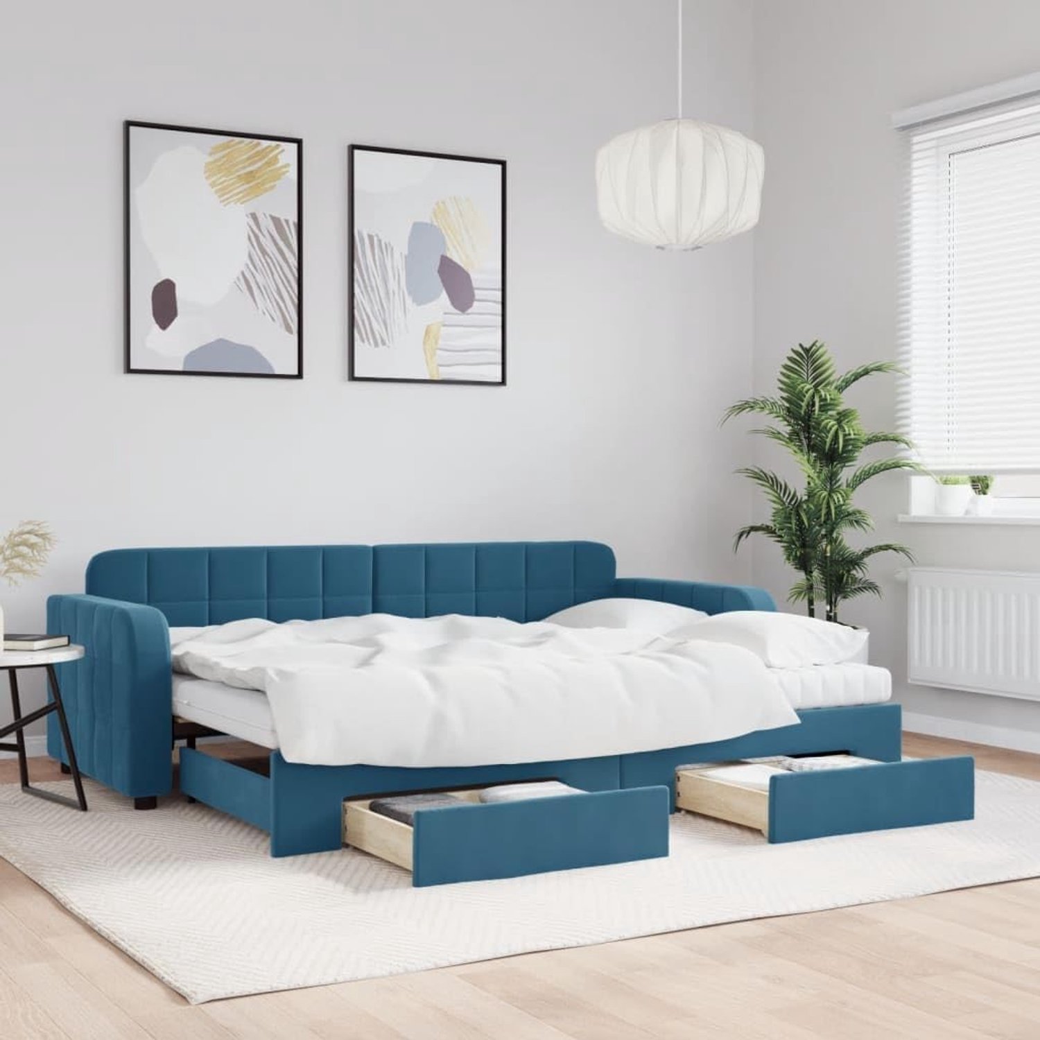 Dagbed met schuifladen, blauw, 80 x 200 cm, fluwelen hoes, 2-in-1 slaapbank met twee schuimrubberen matrassen en opbergruimte