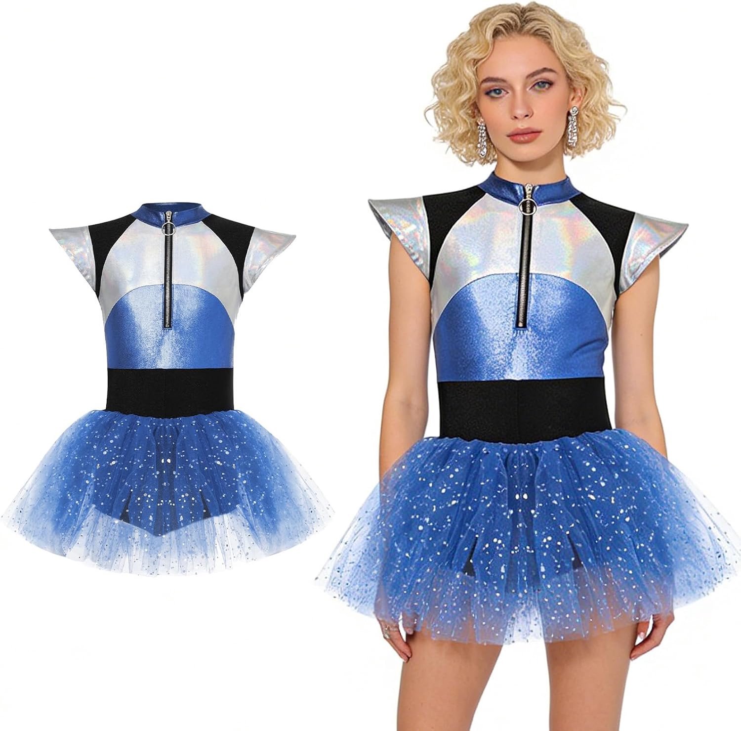 Kostuum voor dames, buitenaards kostuum voor dames, ruimtekostuums voor dames, buitenaardse buitenaardse cosplay, glanzende metallic jurk, voor Halloween, carnaval, party, cosplay