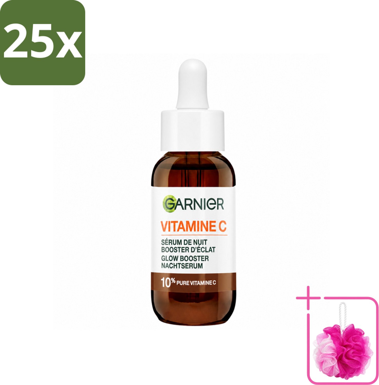 25 x Garnier - SkinActive - Nachtserum - Anti-Pigmentvlekken - 10% Vitamine C & Hyaluronzuur - 30 ml - Bulkverpakking - Nachtserum - Douchemop - Vitamine C