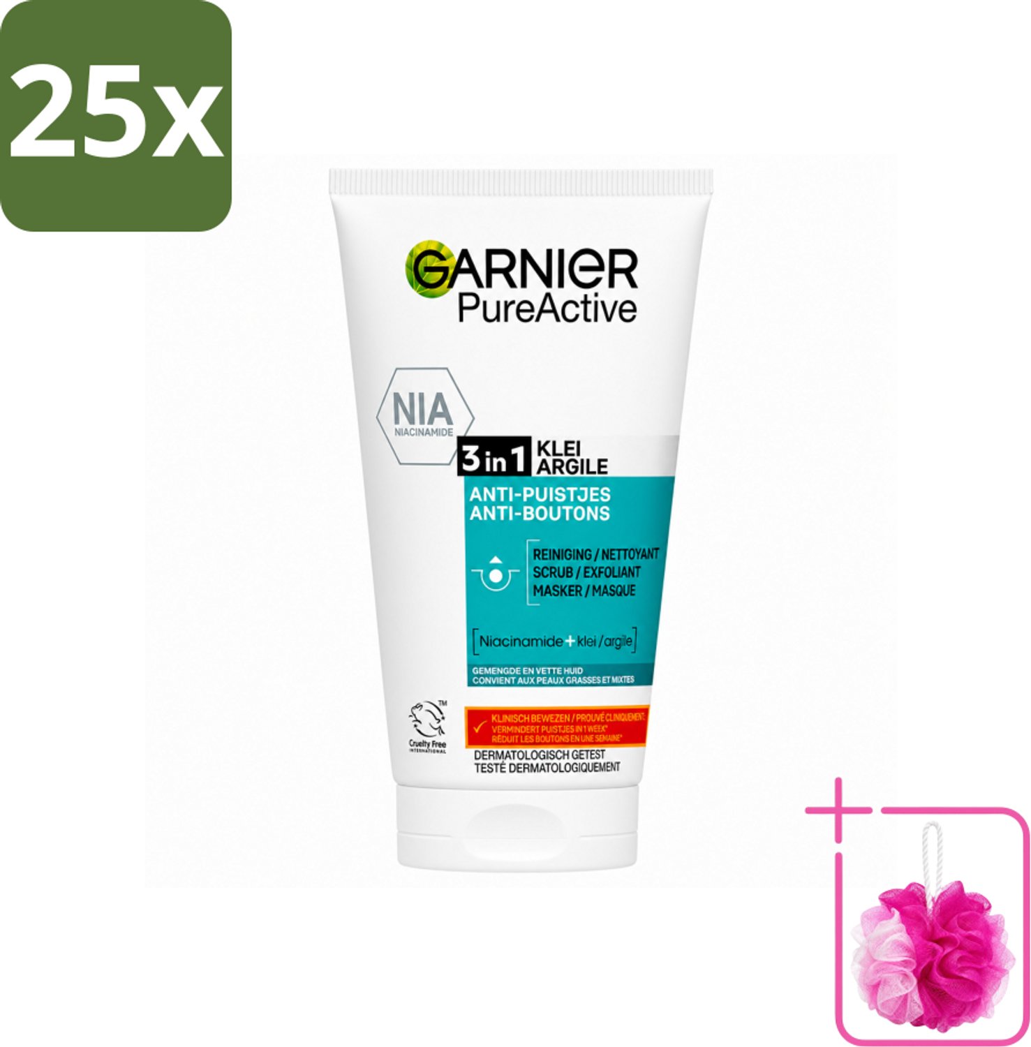 25 x Garnier - Pure Active - 3-in-1 Reiniging Scrub Masker - Tegen Puistjes & Onzuiverheden - Klei & Niacinamide - 150 ml - Bulkverpakking - 3-in-1 reiniging - Douchemop - Puistjes