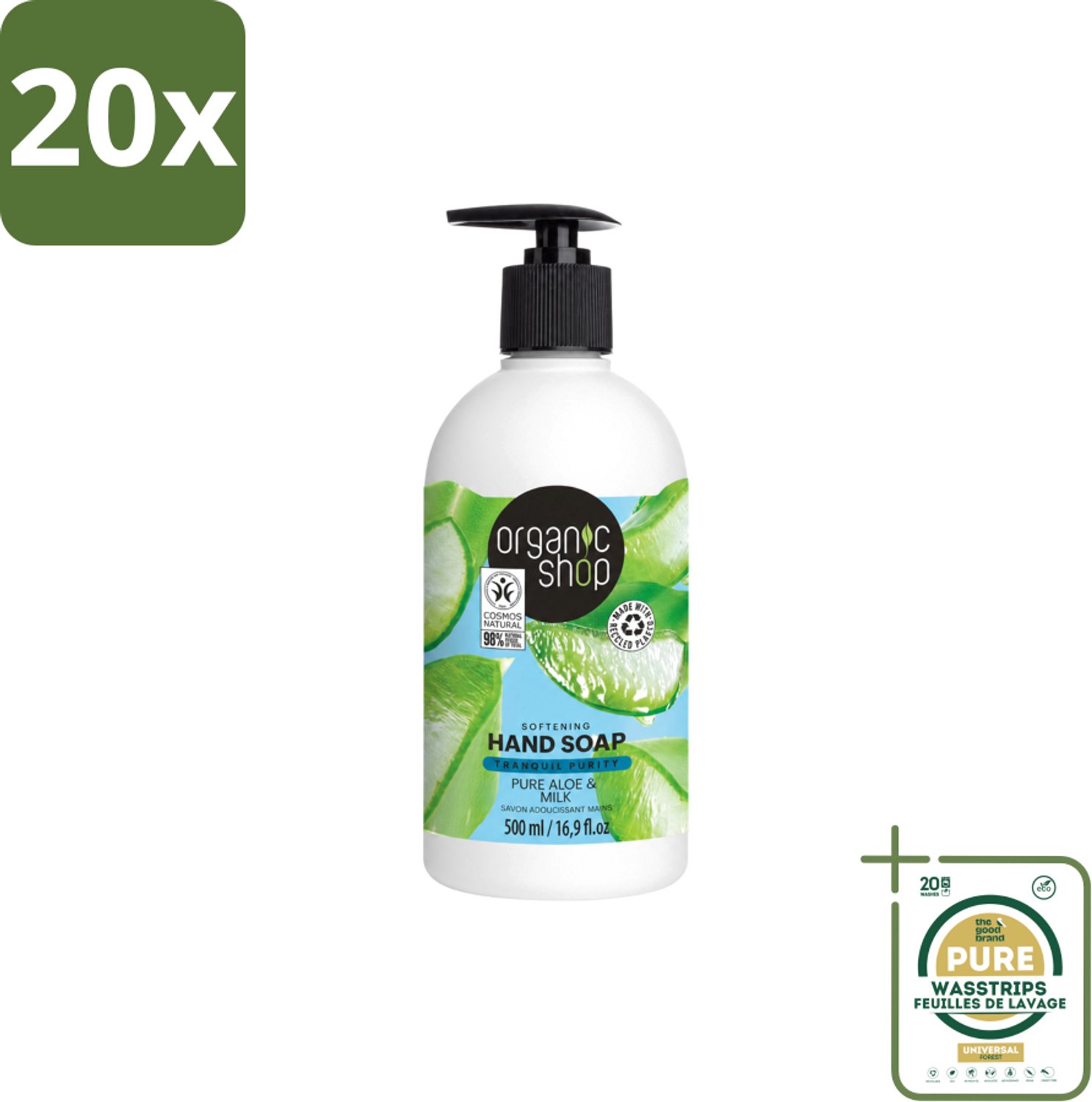 20 x Organic Shop - Handzeep Aloe & Milk - Verzachtend en Hydraterend - 500 ml - Wasstrips - Handzeep - Aloe - Melk - Natuurlijke Handzeep - Handverzorging