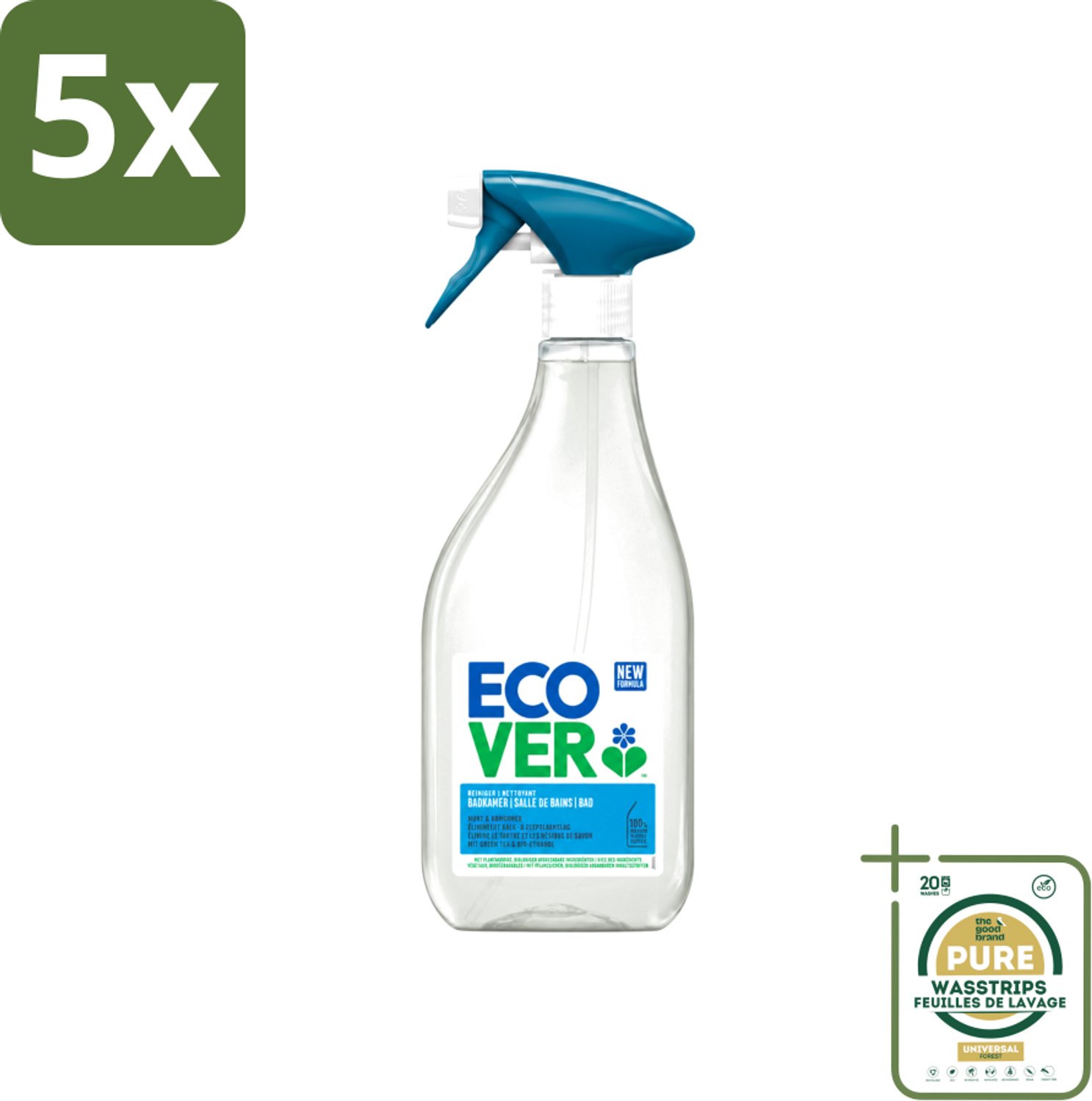 5 x Ecover - Badkamerreiniger - Munt & Komkommer - 500 ml - Wasstrips - Badkamerreiniger - Kalkverwijdering - Zeepresten Verwijderen - Natuurlijke Badkamerreiniger - Munt En Komkommer Geur