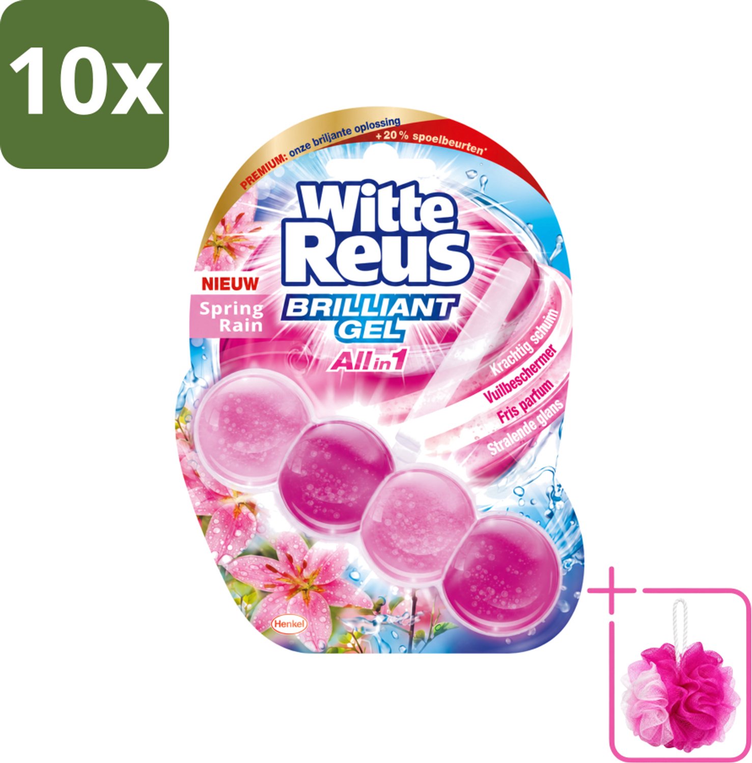 10 x Witte Reus - Toiletblok Brilliant Gel - Spring Rain - 1 Toiletblok - Bulkverpakking - Toiletgel - Douchemop - Reinigingsgel