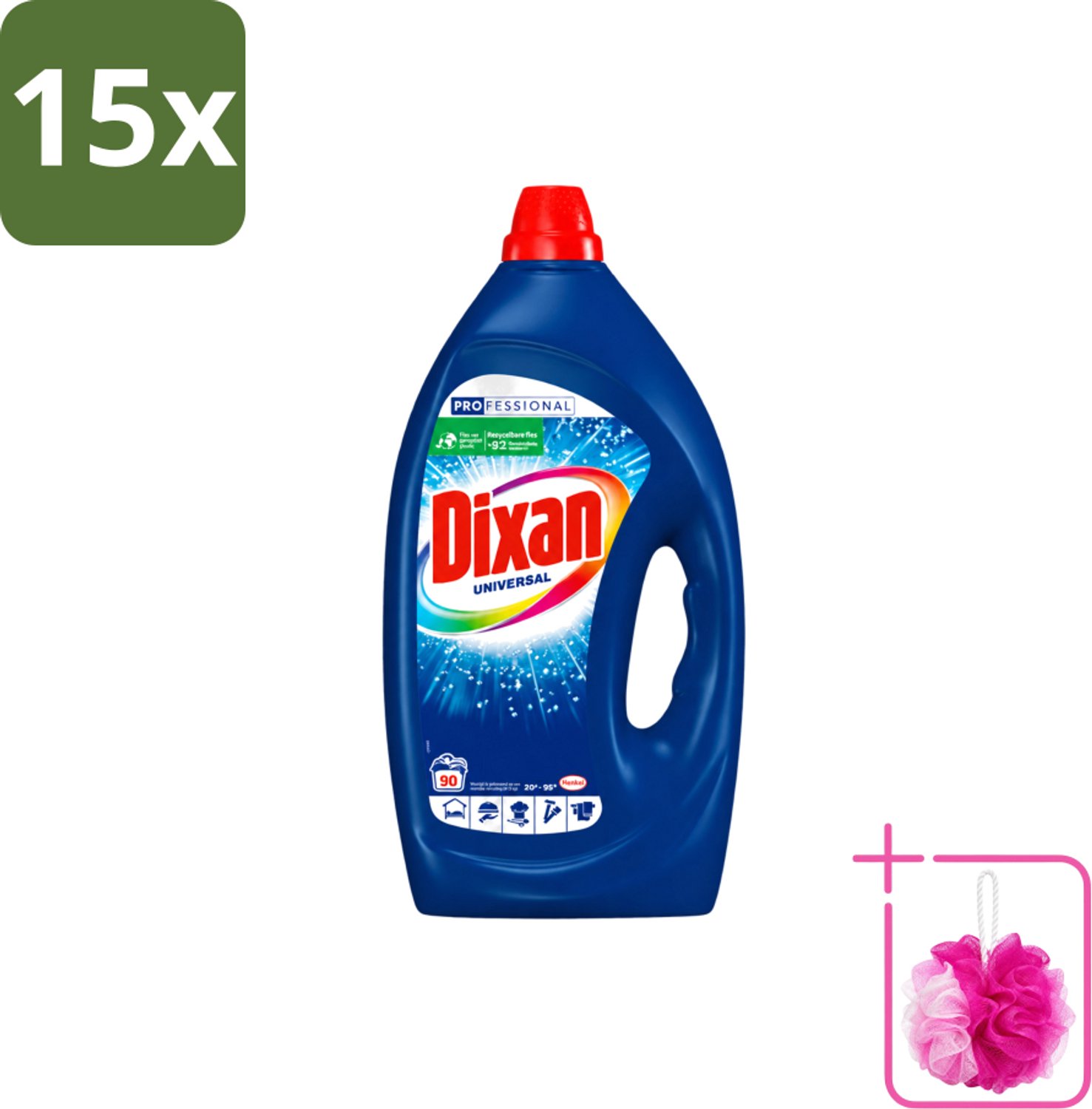 15 x Dixan - Vloeibaar wasmiddel - Alle Kleuren - 90 wasbeurten - Bulkverpakking - Wasmiddel - Douchemop - Wasgel