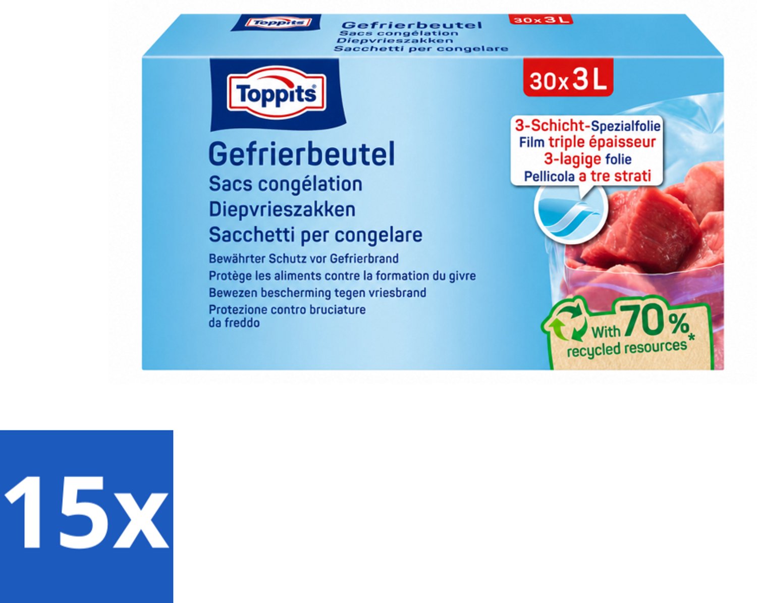 15 x Toppits – Diepvrieszakjes – 3 Liter – 30 Zakjes - Voordeelverpakking - 15 stuks