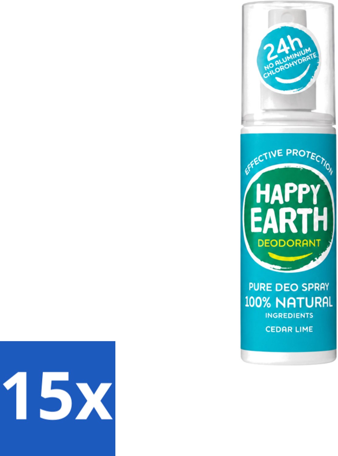 15 x Happy Earth – Deodorant Spray – 100% Natuurlijk Cedar Lime – 100 ml - Voordeelverpakking - 15 stuks