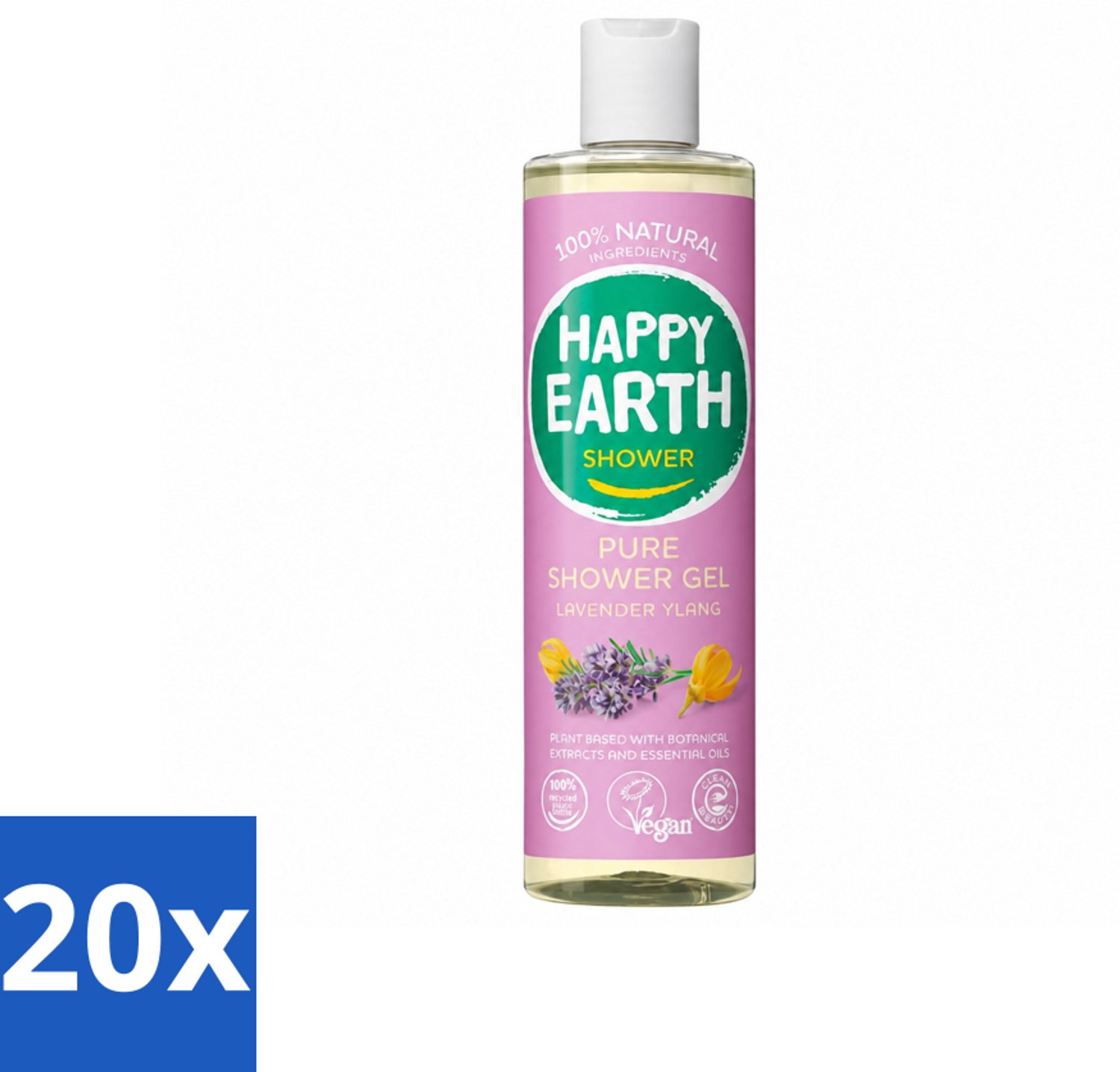 20 x Happy Earth – Douchegel – 100% Natuurlijk Lavender Ylang – 300 ml - Voordeelverpakking - 20 stuks