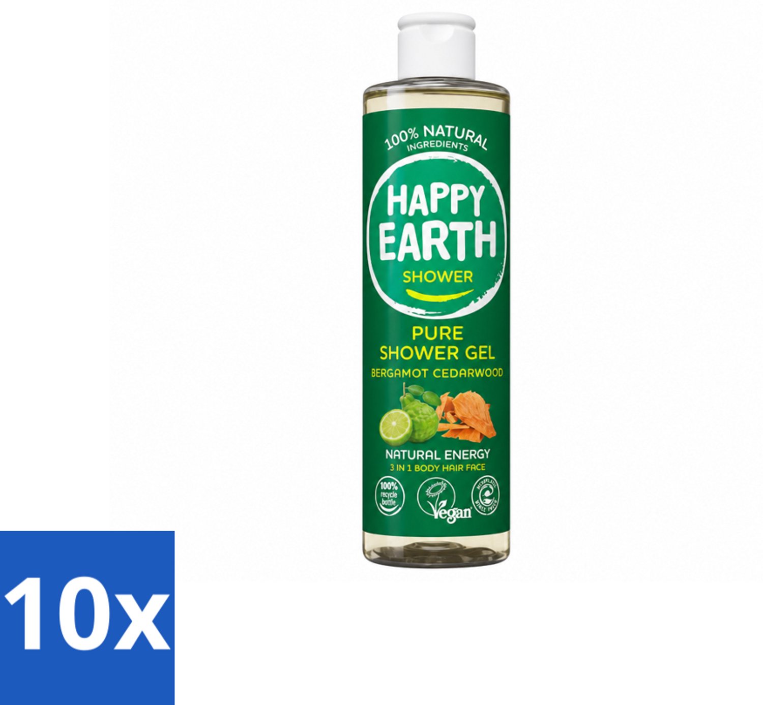 10 x Happy Earth – Douchegel – 100% Natuurlijk Bergamot Cedarwood – 300 ml - Voordeelverpakking - 10 stuks