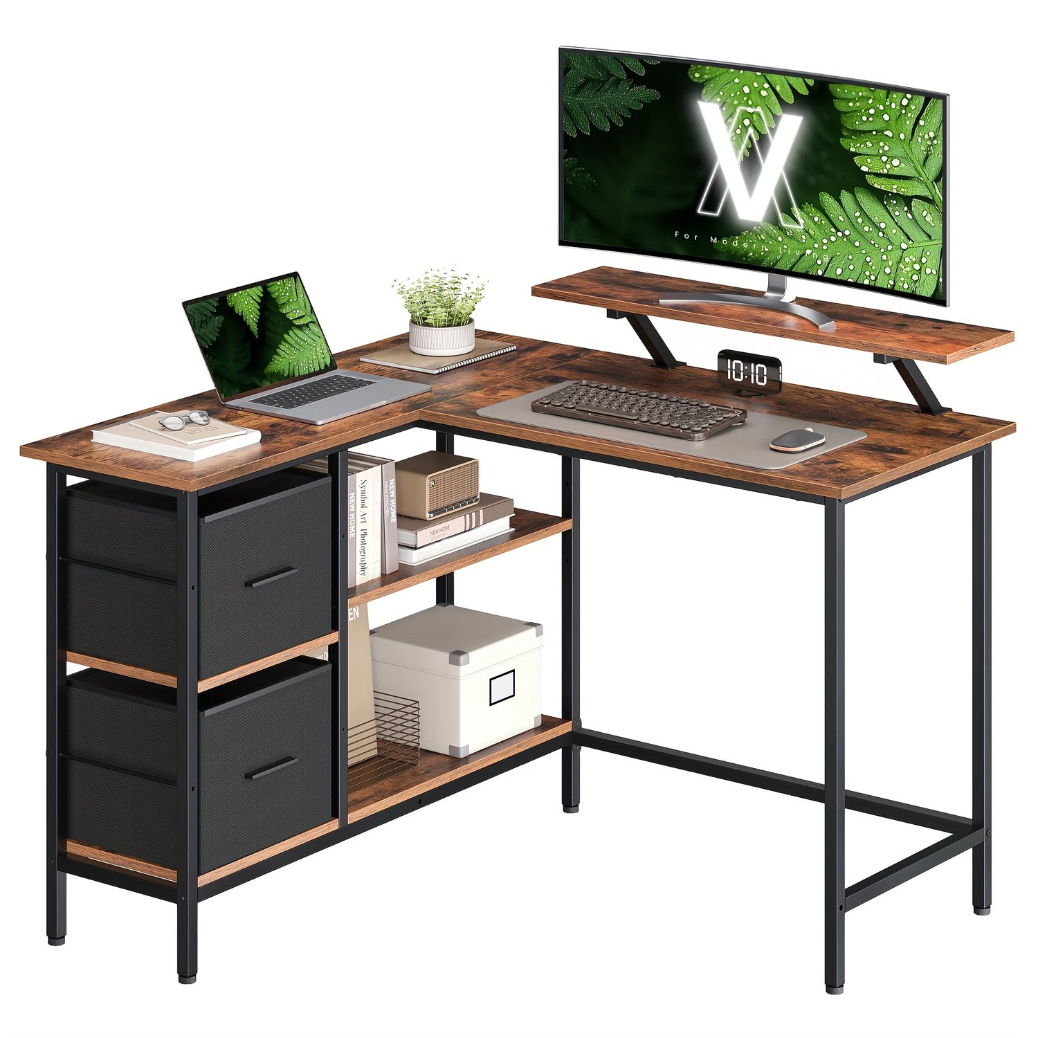 Mura Logistiek Bureau - Hoekbureau - Gaming Desk - Tafel - Computerbureau - L-vormig Design - 2 Ruime Lades - Hout - Metaal Brui