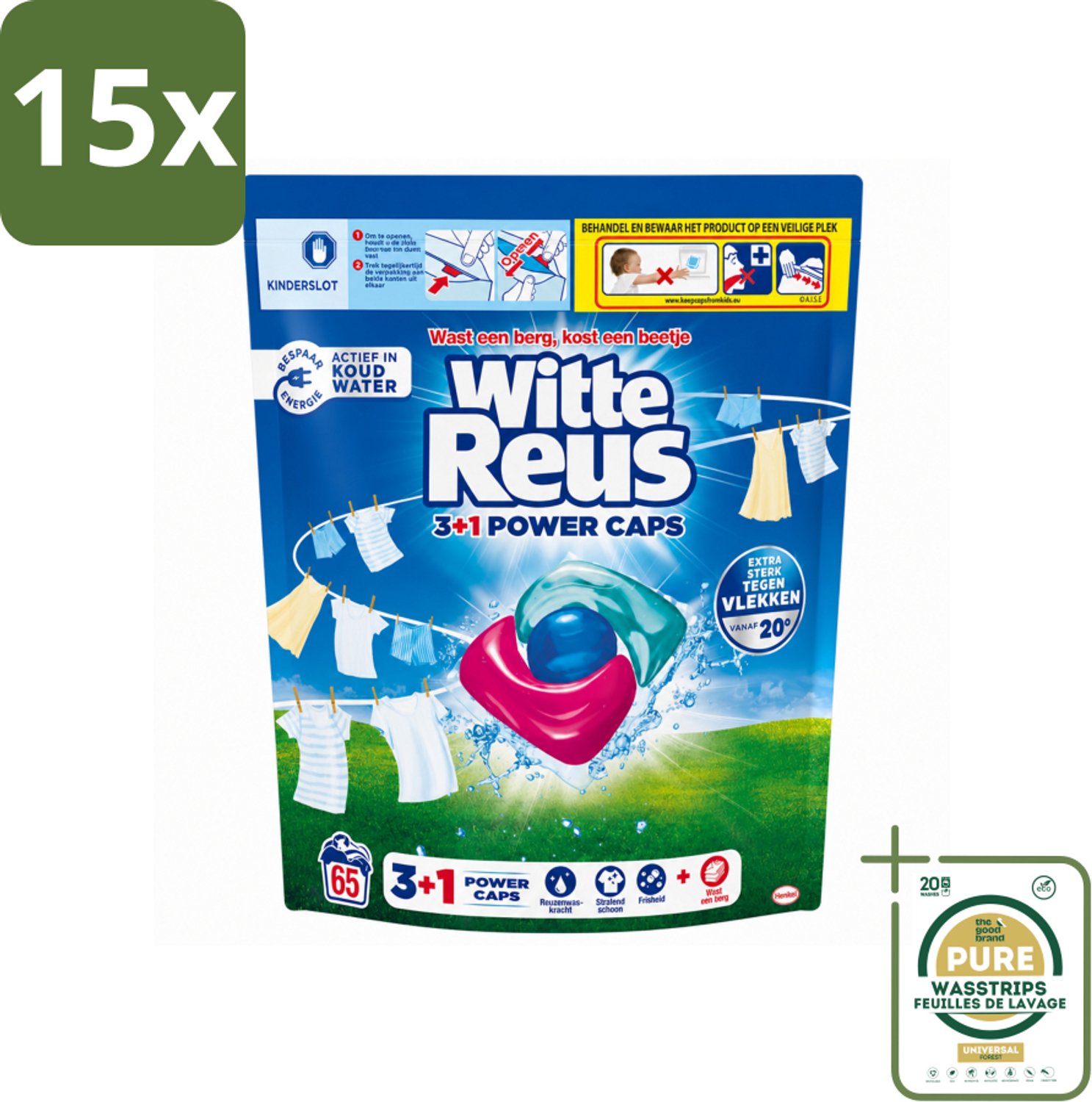 15 x Witte Reus - 3+1 Power Caps - Witte Was - 65 Wasbeurten - Wasstrips - Wasmiddel - Witte Reus - Power Caps - Wasresultaat - Vlekverwijdering