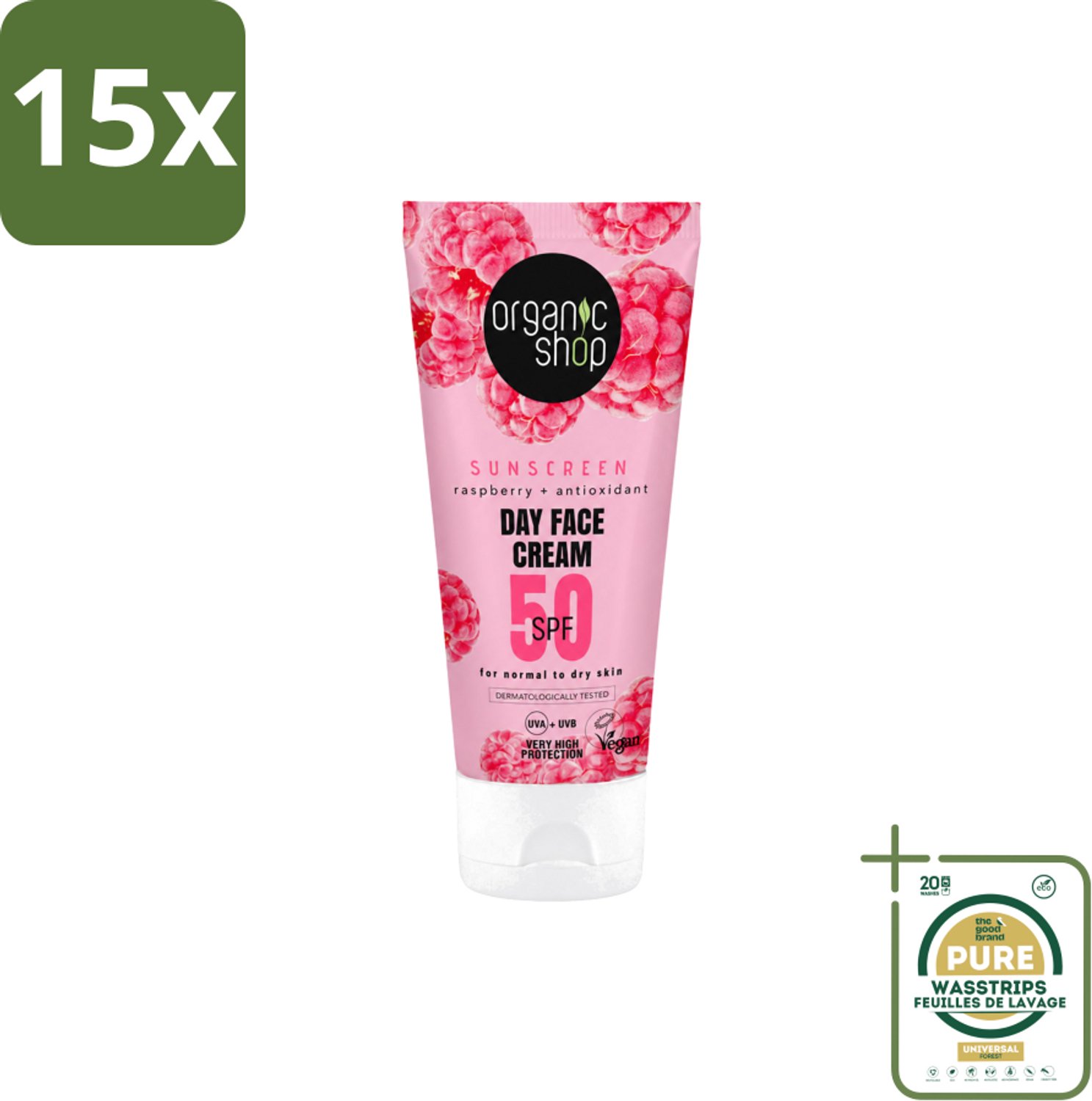 15 x Organic Shop - Zonnebrandcrème Gezicht SPF 50 - Normale Huid - 50 ml - Wasstrips - Zonnescherm - Gezichtscreme - SPF 50 - Zonbescherming - Huidveroudering