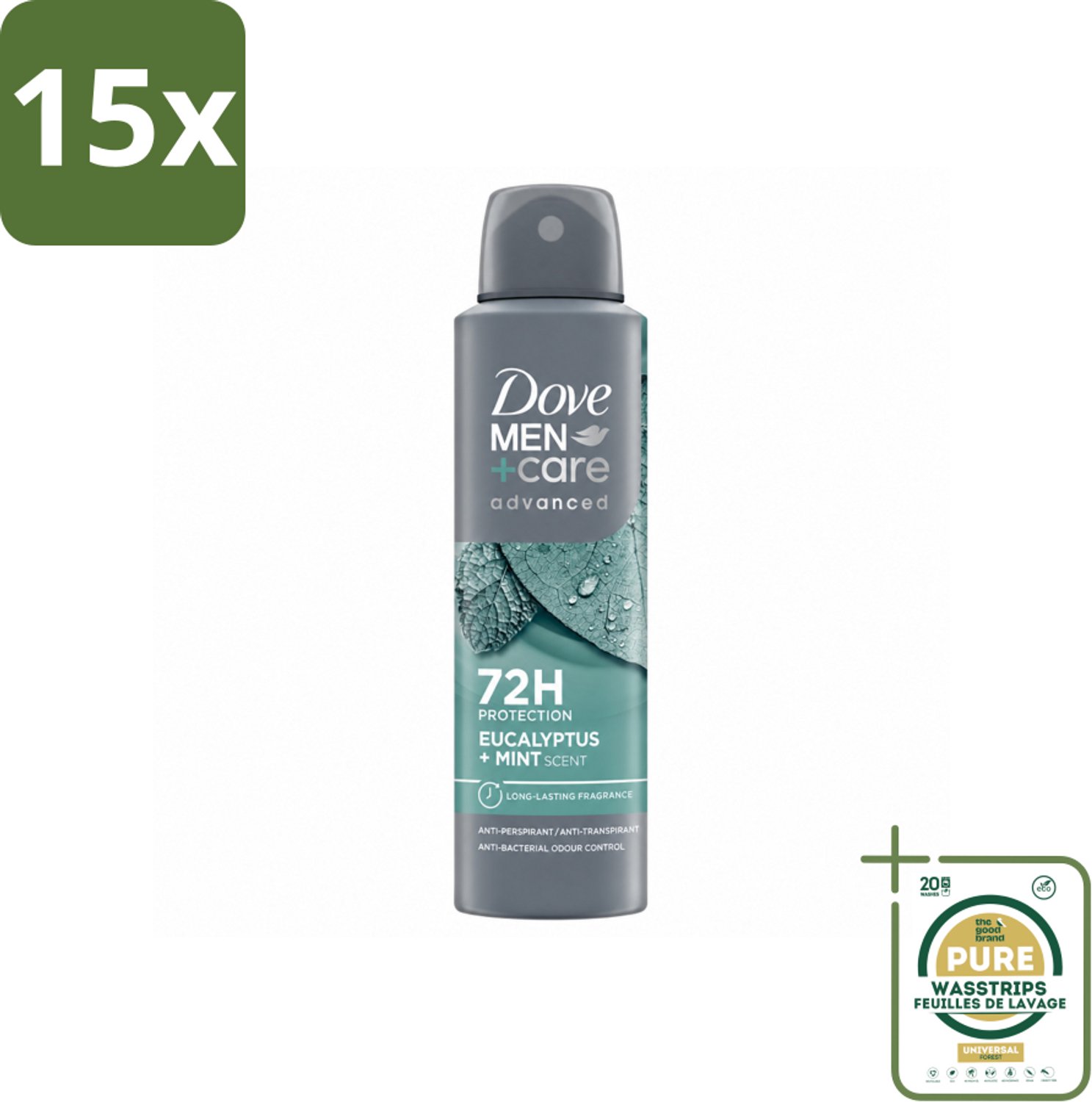 15 x Dove Men+Care Deodorant Spray - Eucalyptus & Mint - 150 ml - Wasstrips - Deodorant Spray - Zweetbestrijding - Eucalyptus En Munt - 72 Uur Bescherming - Huidverzorging