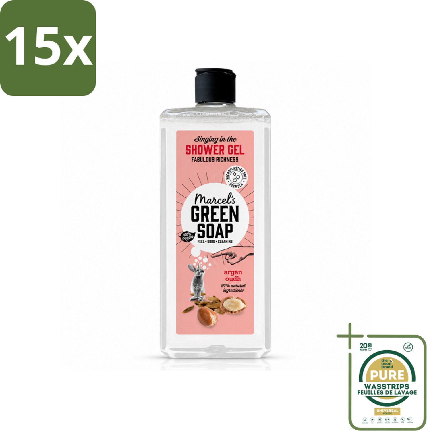 15 x Marcel's Green Soap - Douchegel - Argan & Oudh - Verzorgend & zacht - 300 ml - Wasstrips - Douchegel - Argan En Oudh - Natuurlijke Douchegel - Verzorgende Douchegel - Vegan Douchegel