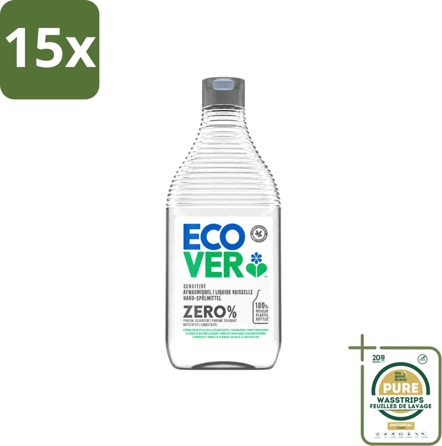 15 x Ecover - Afwasmiddel ZERO - Parfumvrij - 450 ml - Wasstrips - Afwasmiddel Zonder Geur - Hypoallergeen Afwasmiddel - Plantaardig Afwasmiddel - Afwasmiddel Voor Gevoelige Huid - Afwasmiddel Zonder Kleurstoffen