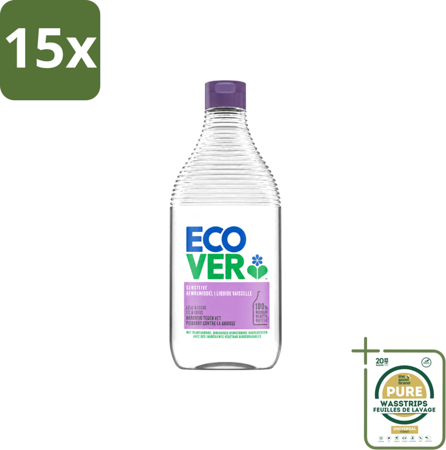 15 x Ecover - Afwasmiddel - Lelie & Lotus - 450 ml - Wasstrips - Ecover Afwasmiddel - Natuurlijk Afwasmiddel - Plantaardig Afwasmiddel - Afwasmiddel Lelie En Lotus - Afwasmiddel Voor Vaat