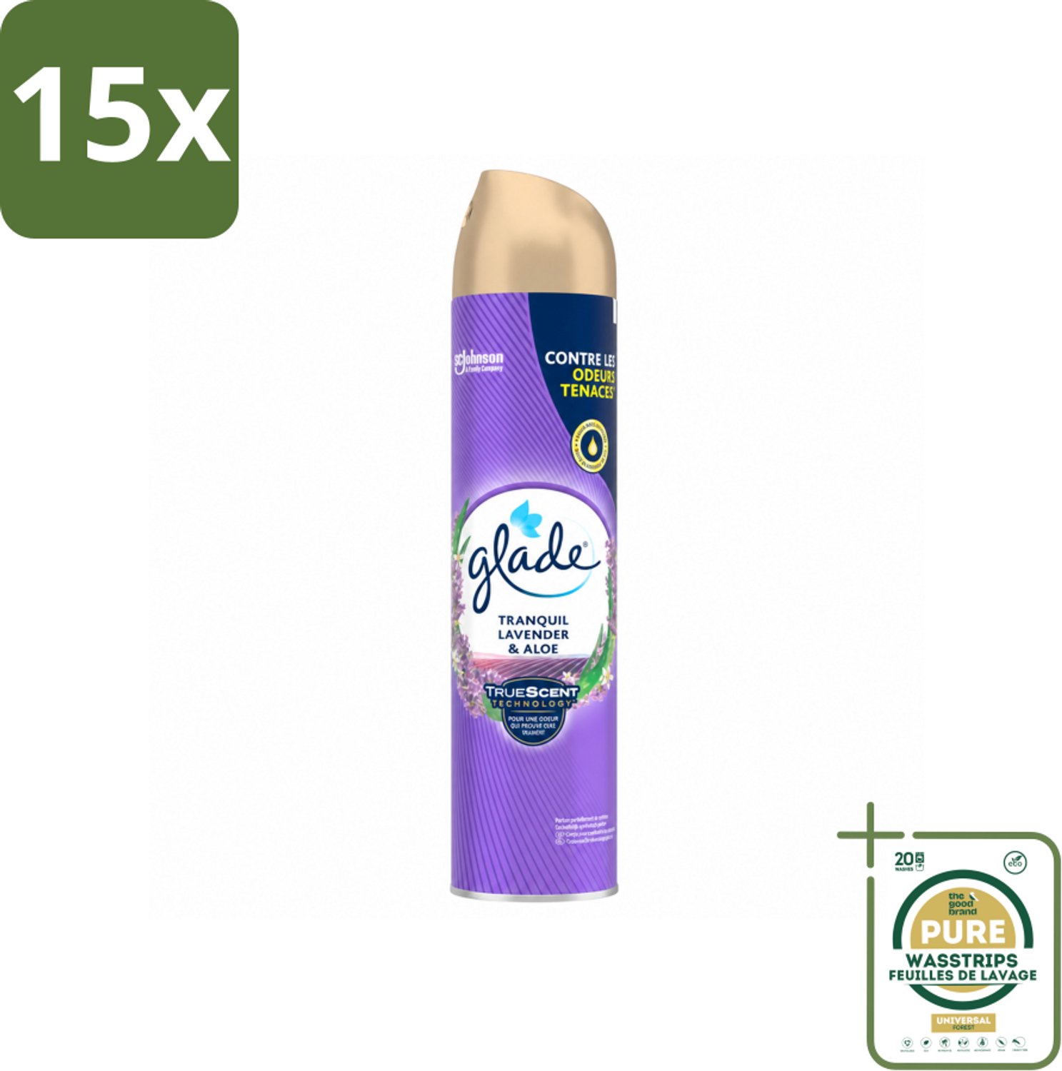 15 x Glade - Luchtverfrisser Spray - Tranquil Lavender & Aloë - 300 ml - Wasstrips - Luchtverfrisser - Lavendel Geur - Frisheid In Huis - Ontspanning - Geur Neutraliseren
