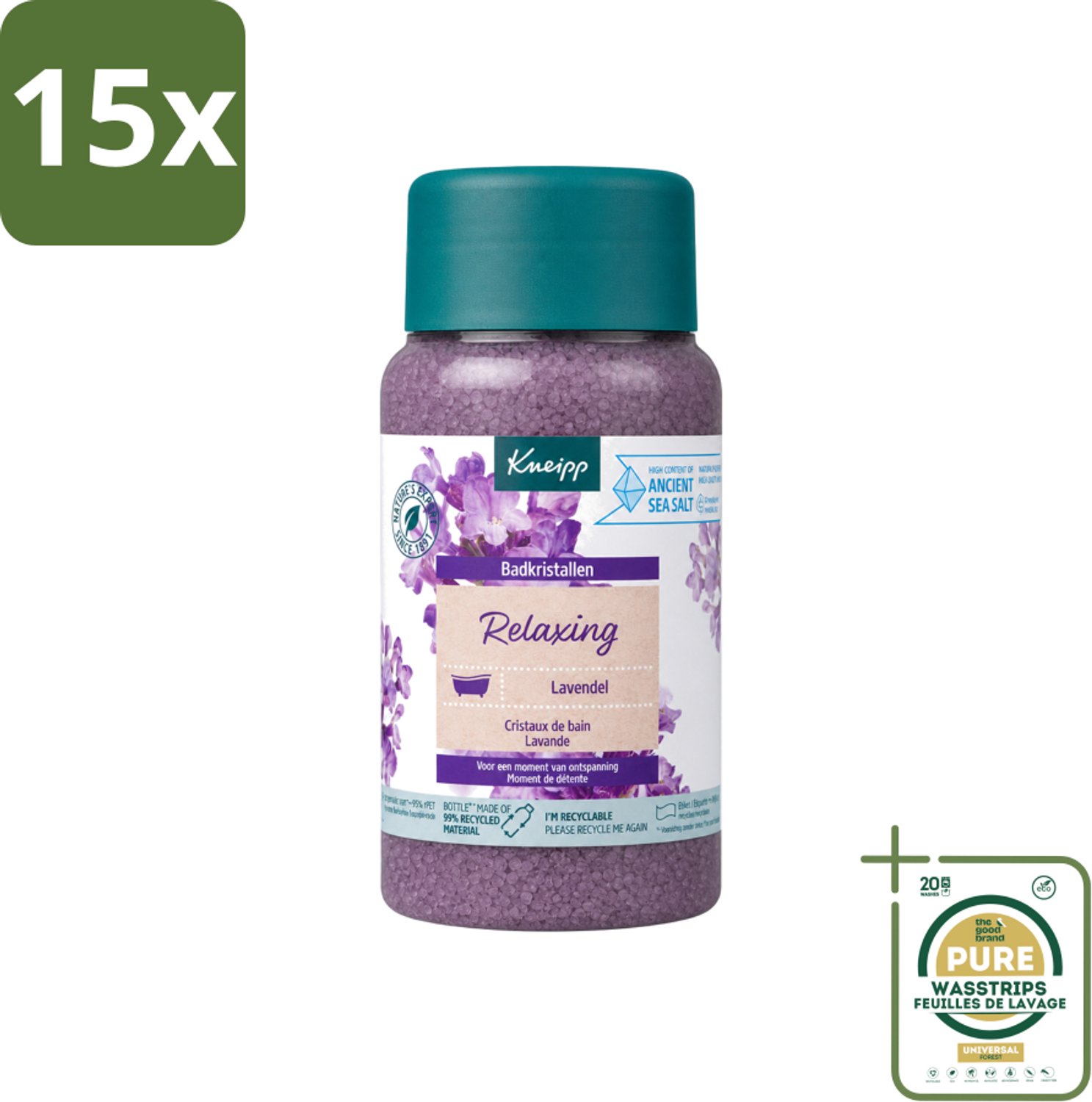 15 x Kneipp - Badzout - Badkristallen - Lavendel - 600 g - Wasstrips - Badzout - Badkristallen - Ontspanning - Lavendel - Thermaal Zout