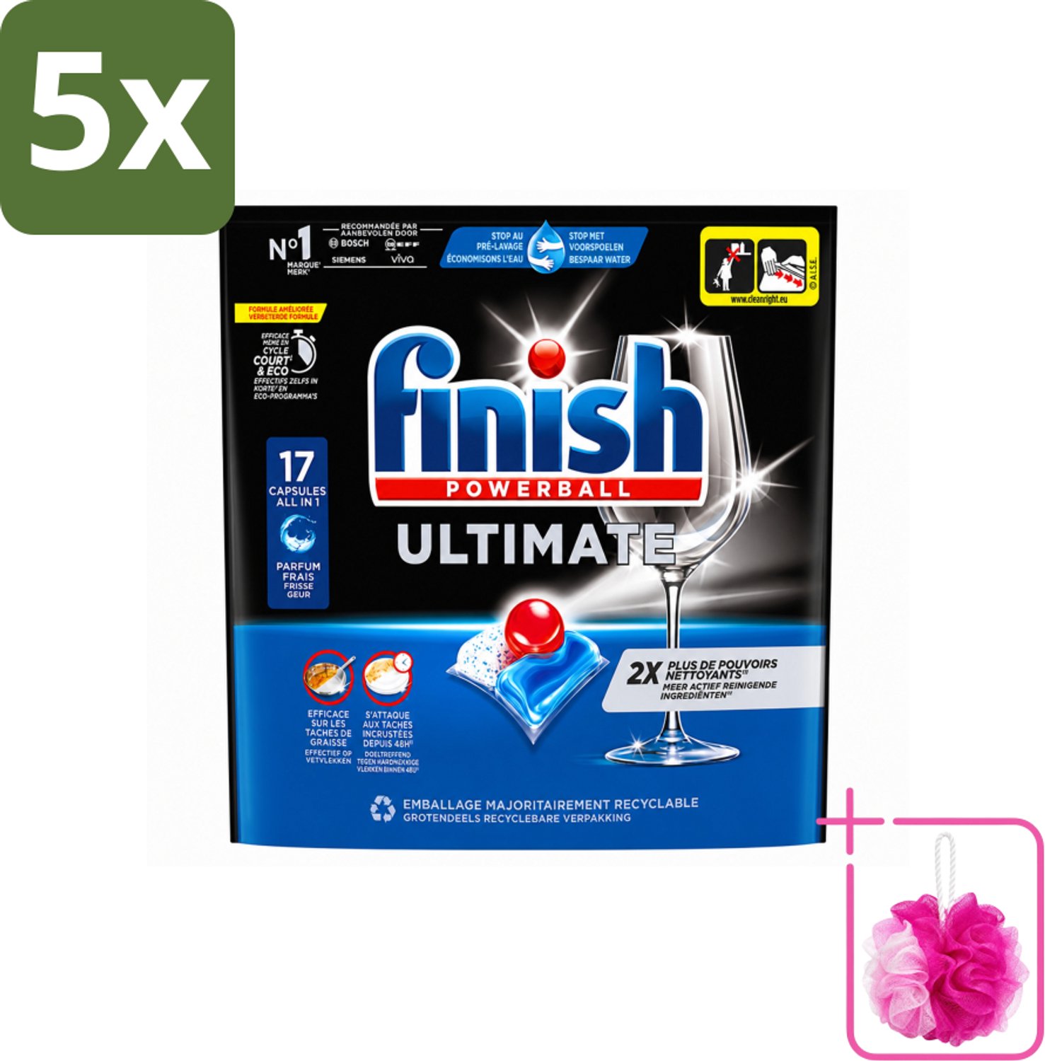 5 x Finish - Vaatwasmiddel - Ultimate Vaatwastabletten Regular - Krachtige Reiniging - 17 capsules - Bulkverpakking - Vaatwastabletten - Douchemop - Vaatwasser