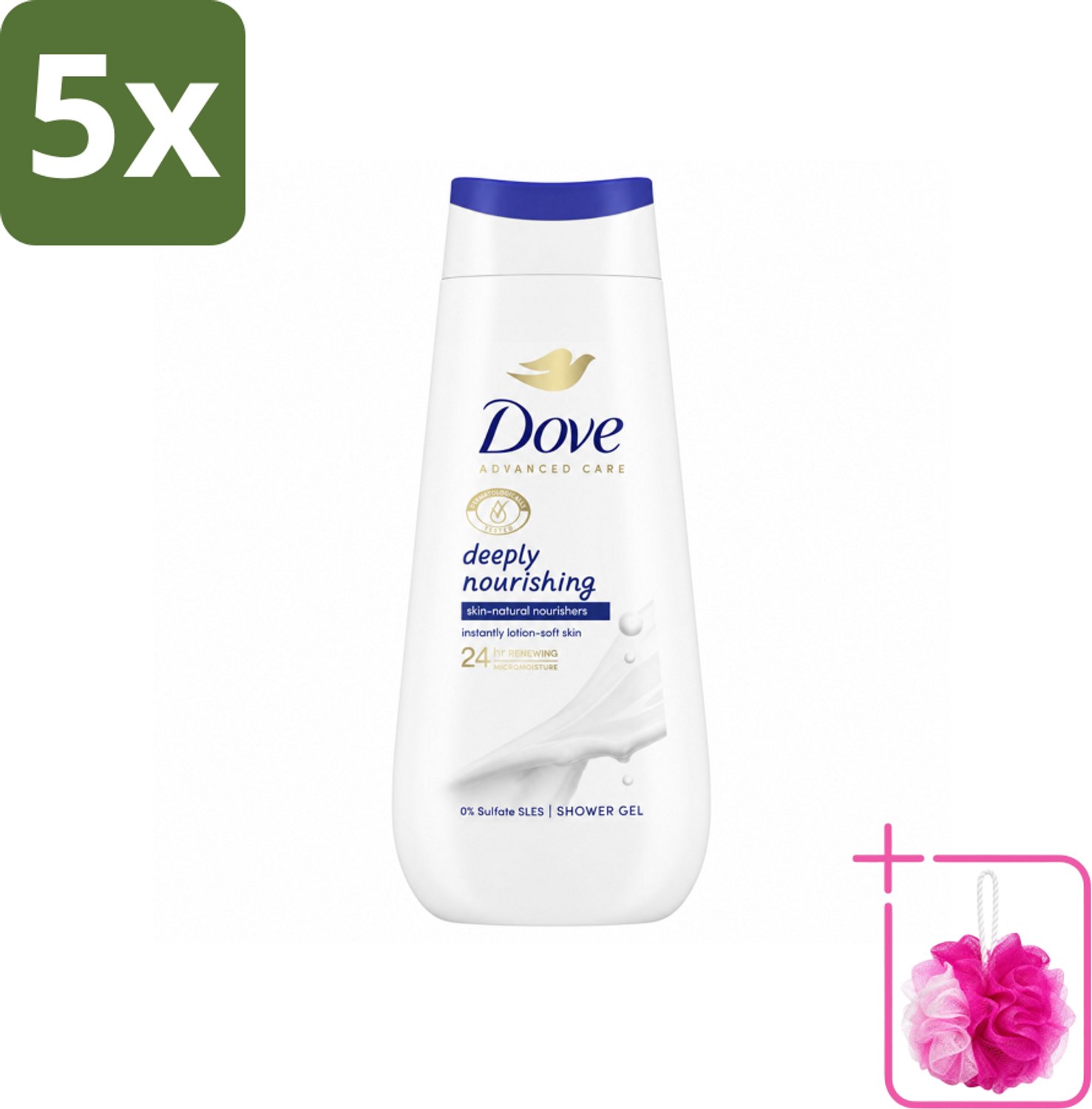 5 x Dove Douchecrème - Deeply Nourishing - 225 ml - Bulkverpakking - Douchegel - Douchemop - Voeding