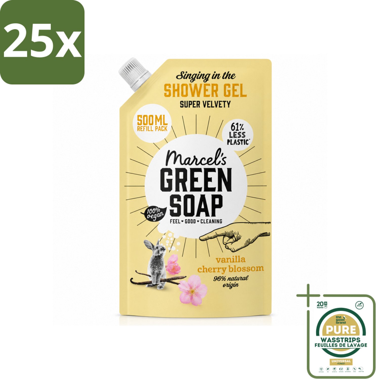 25 x Marcel's Green Soap - Shower Gel - Navulling - Vanille & Kersenbloesem - Krachtige werking - 500 ml - Wasstrips - Douchegel - Natuurlijke Douchegel - Ecologische Douchegel - Vegan Douchegel - Biologisch Afbreekbaar